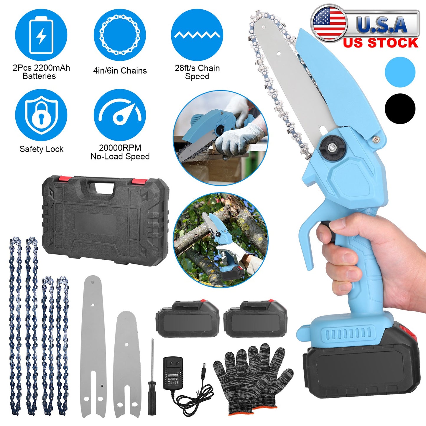 Mini Chainsaw Cordless Electric with 4in & 6in Chains
