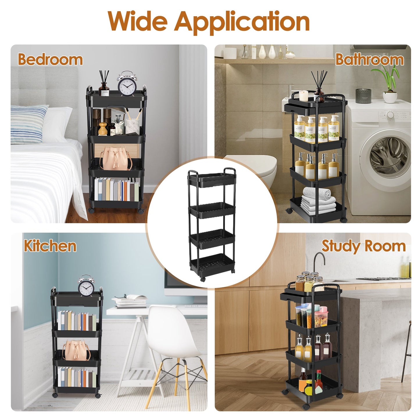 3-Tier Rolling Utility Cart with Drawer and Lockable Wheels