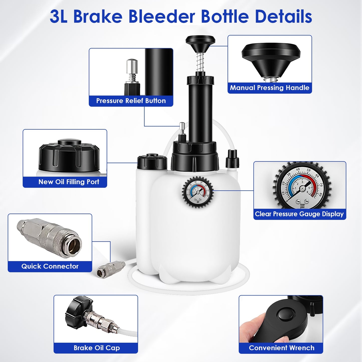 3L Manual Brake Bleeder Kit with 4 Adapter Caps