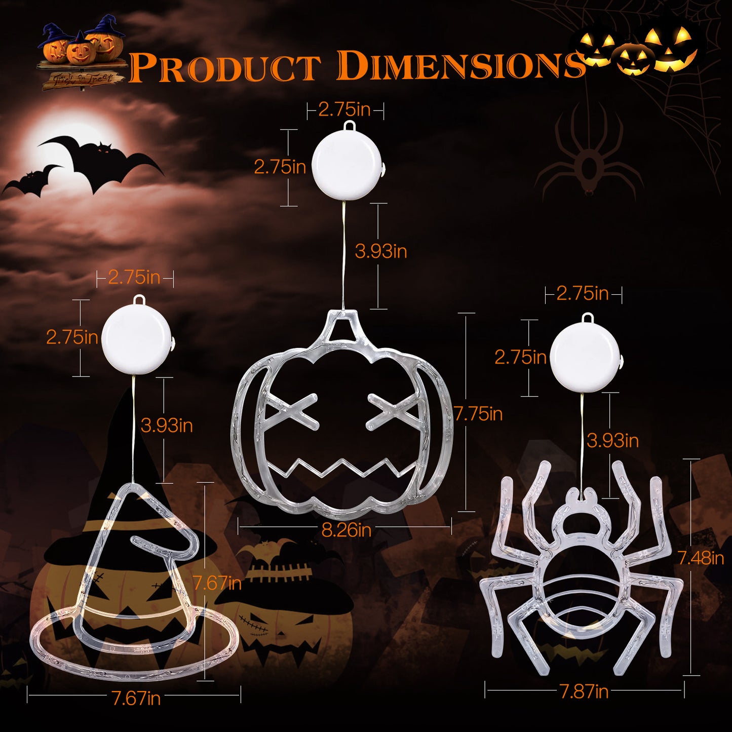 Halloween Window Light Set - Spider, Witch Hat & Pumpkin