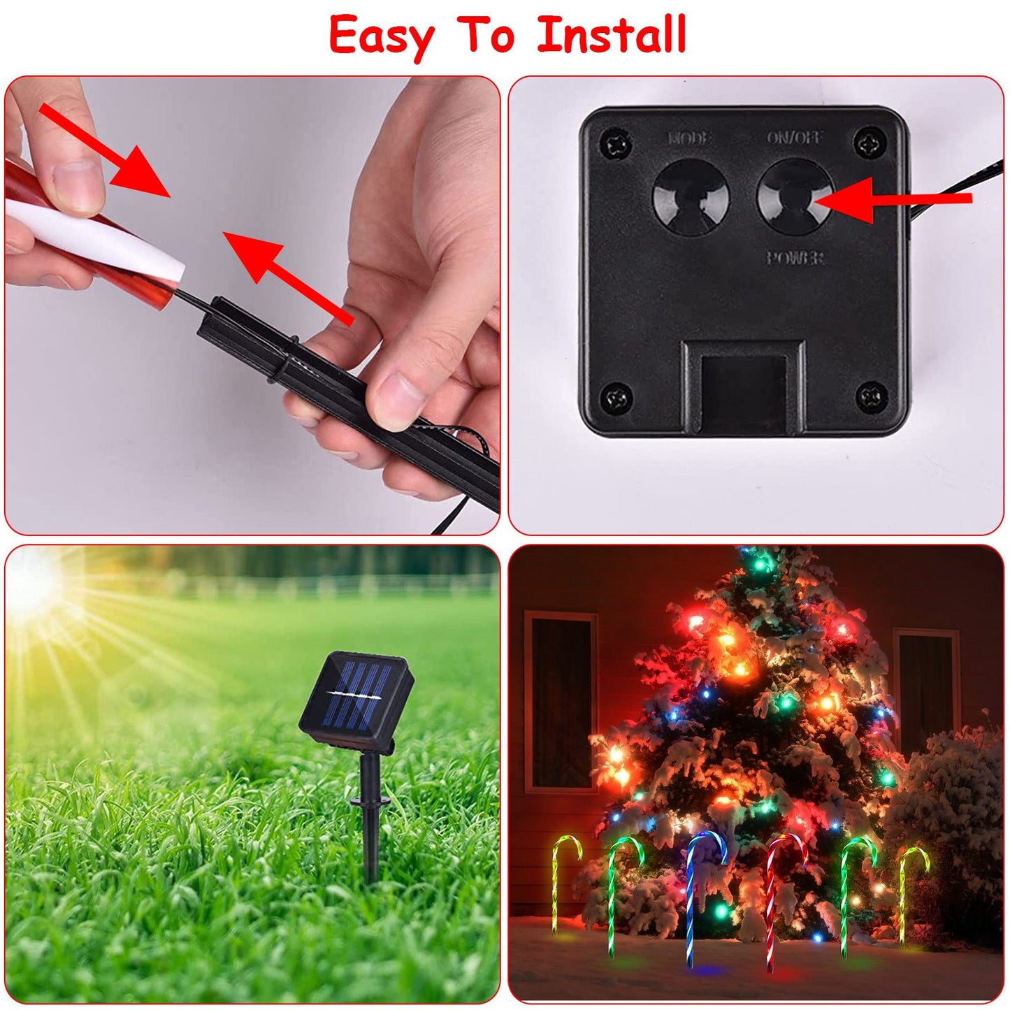 Solar Candy Cane Pathway Lights - 4 Pack with 8 Light Modes