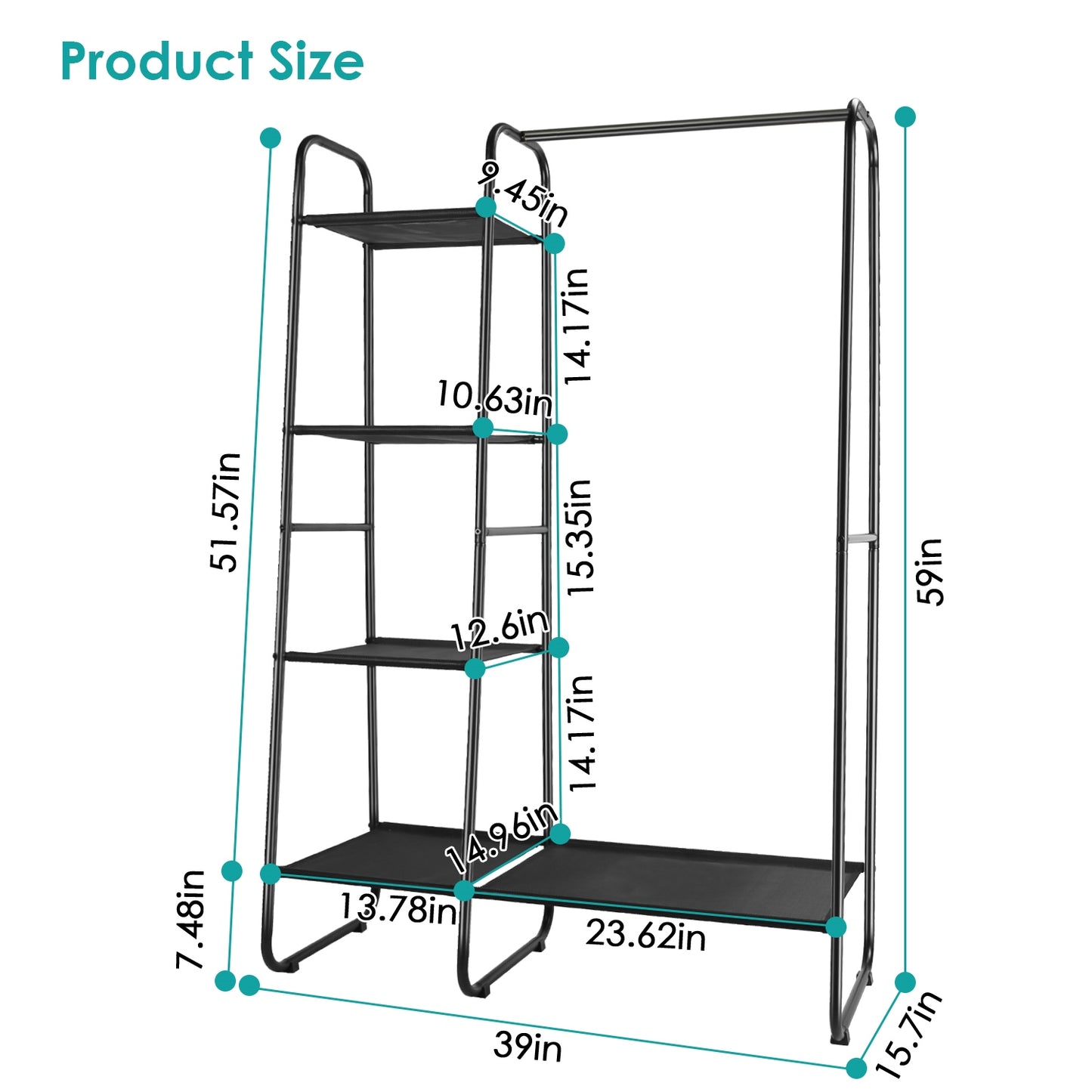 Metal Garment Rack with 5 Shelves and Hanging Rod
