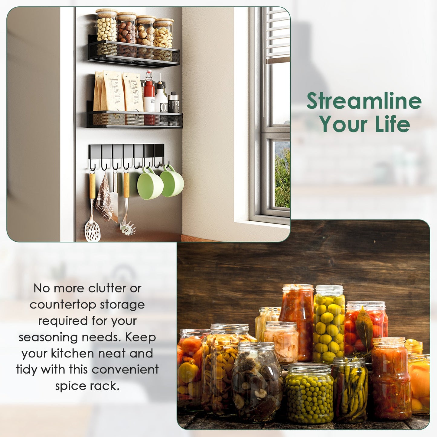 Magnetic Spice Rack 3-Pack with Hooks for Fridge Storage
