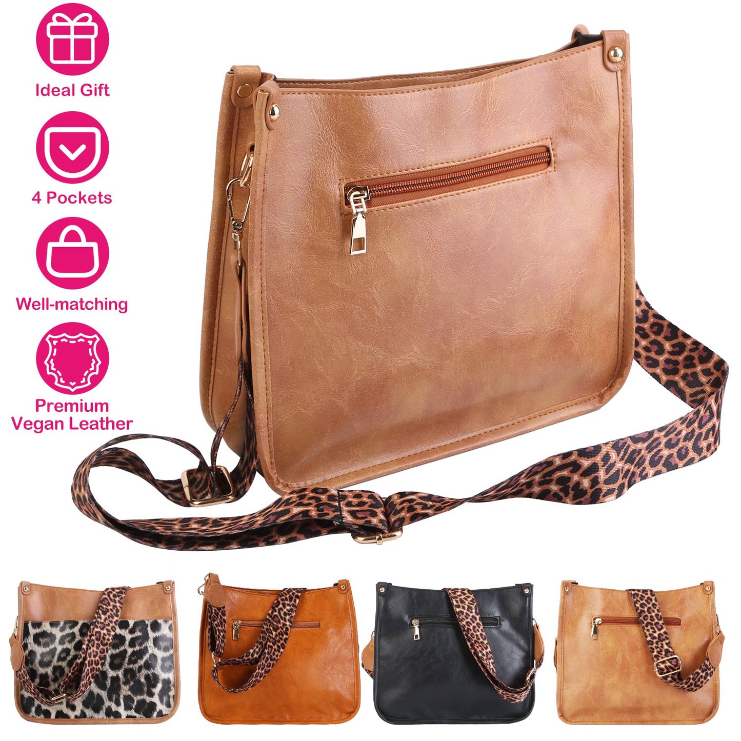 Women Fashion Leather Crossbody Bag Shoulder Bag Casual Handbag with Flexible Wearing Styles Adjustable Guitar Strap