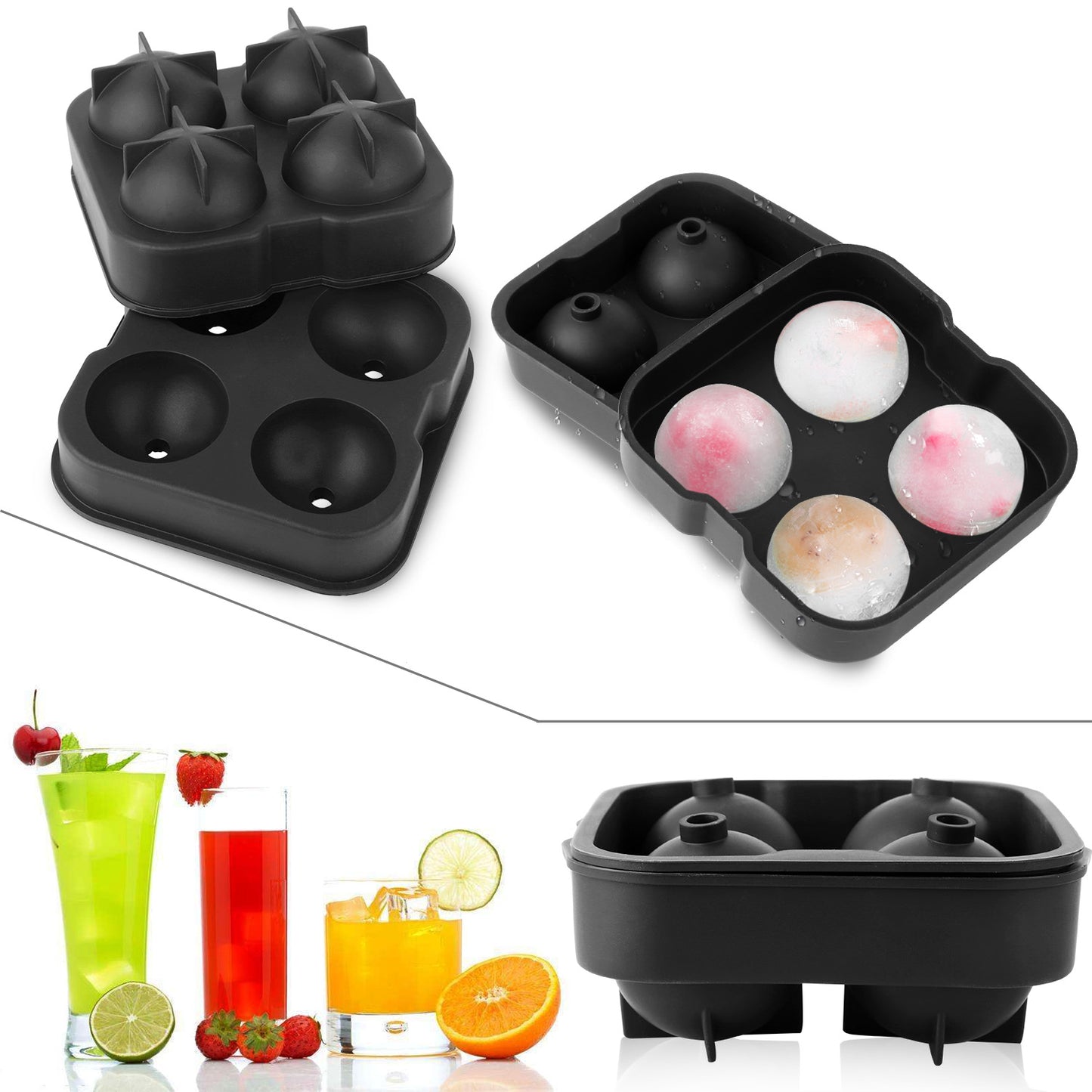 Sphere Ice Ball Maker Mold - 4 Cavity Silicone Tray with Lid