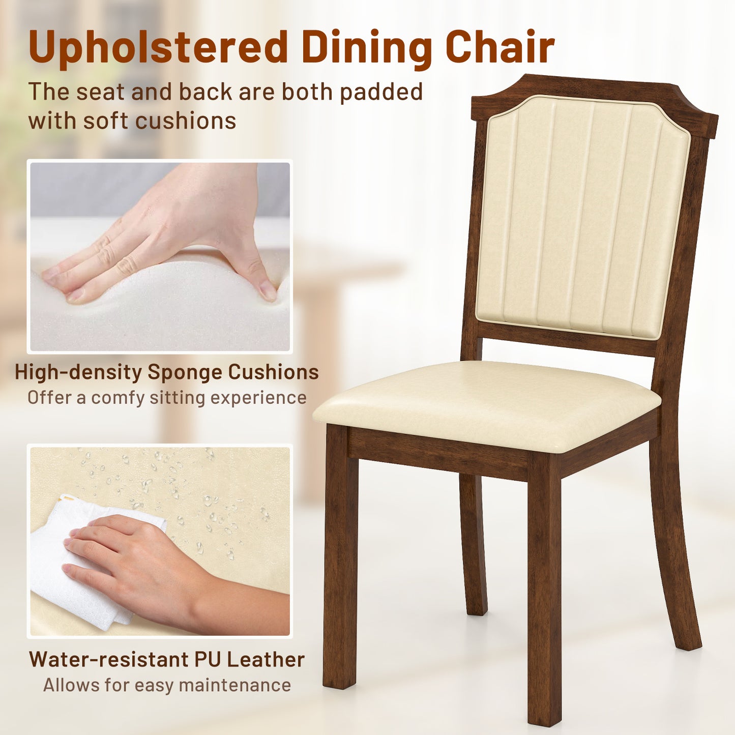 Dining Chairs Set of 2 with PU Leather and Rubber Wood Frame