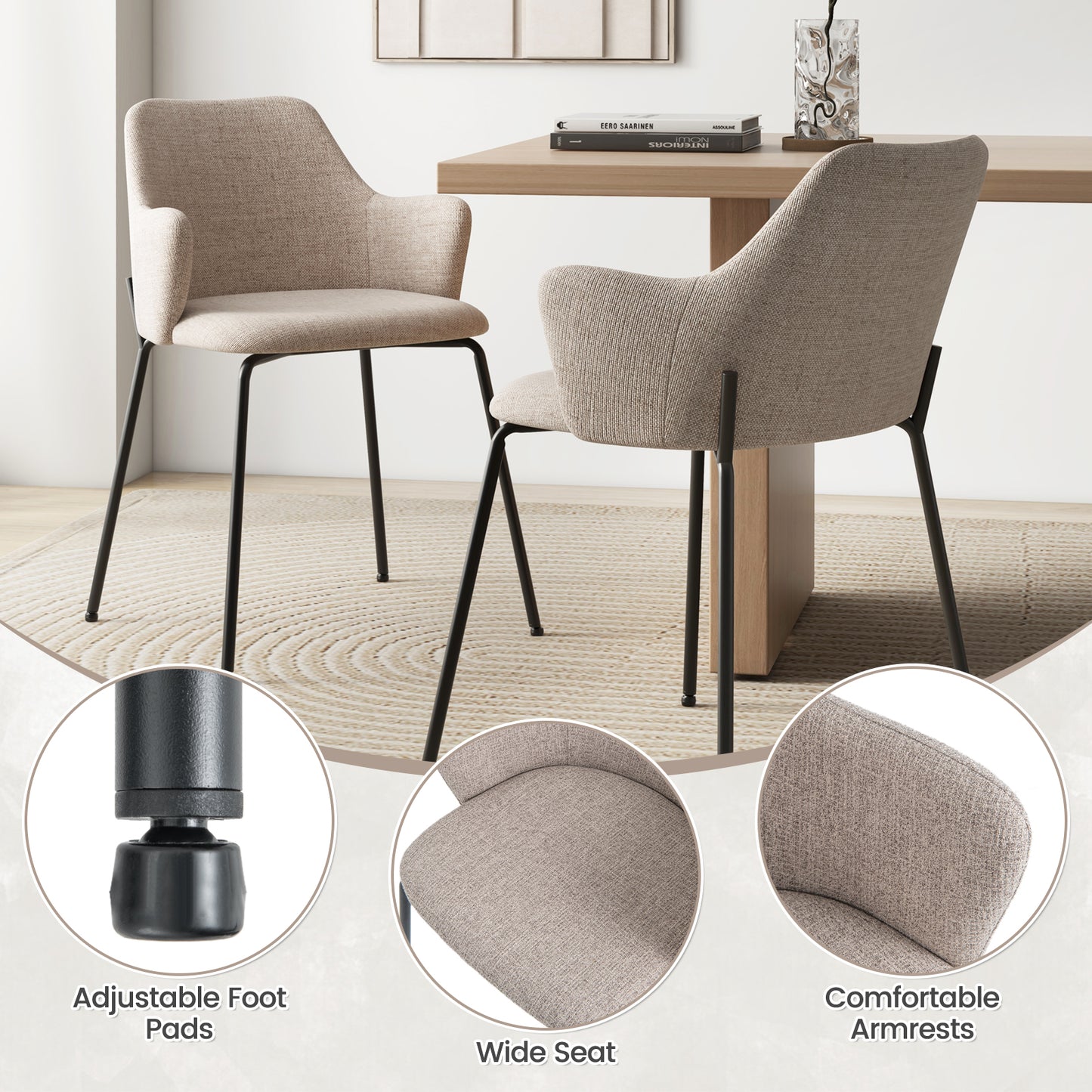 Upholstered Dining Chairs Set of 2 with Curved Backrest