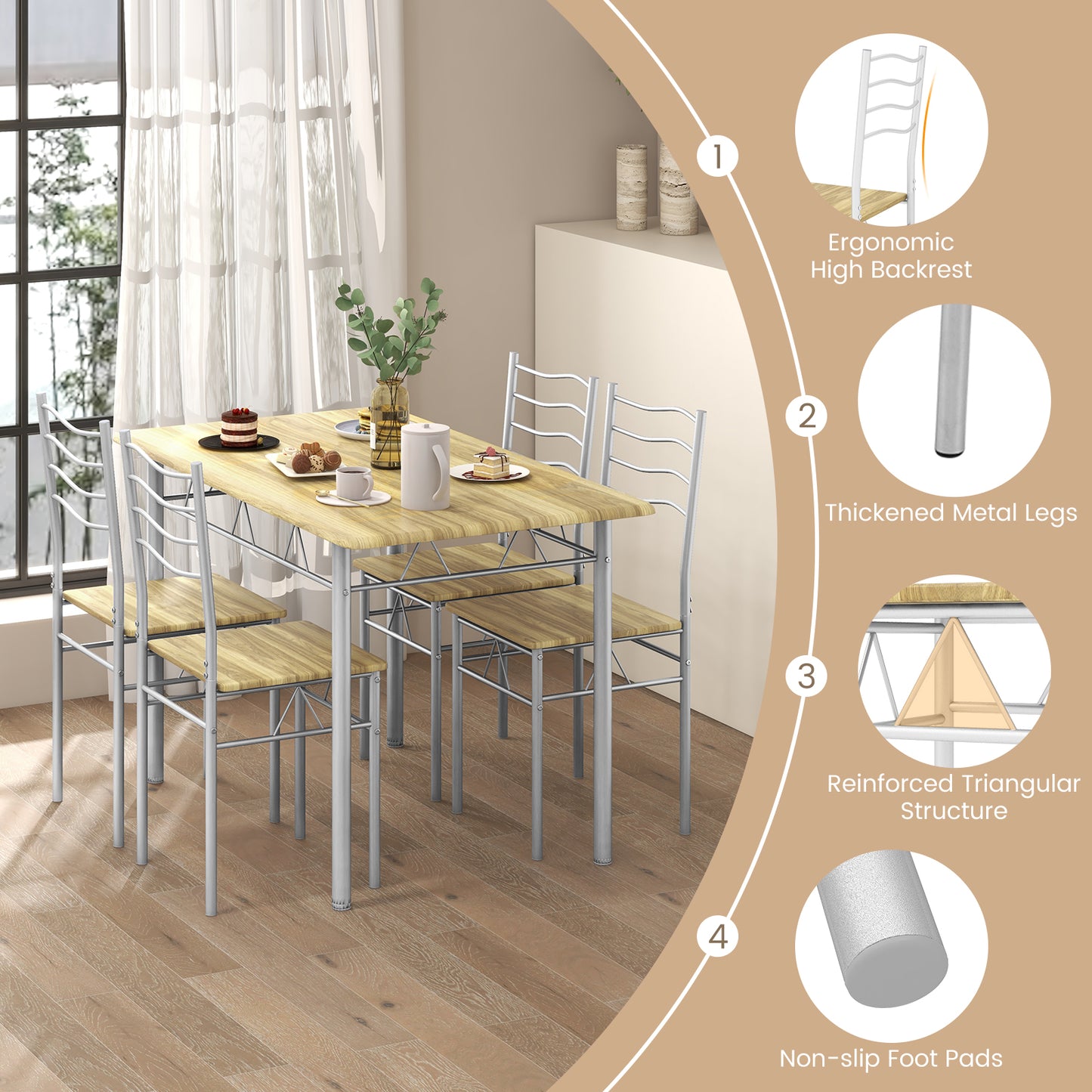 5-Piece Dining Table Set with 4 Chairs, Wood and Metal