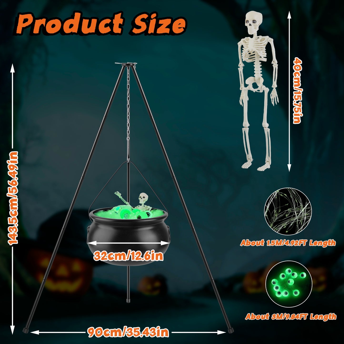 Halloween Witch Cauldron with 56" Tripod & LED String Lights