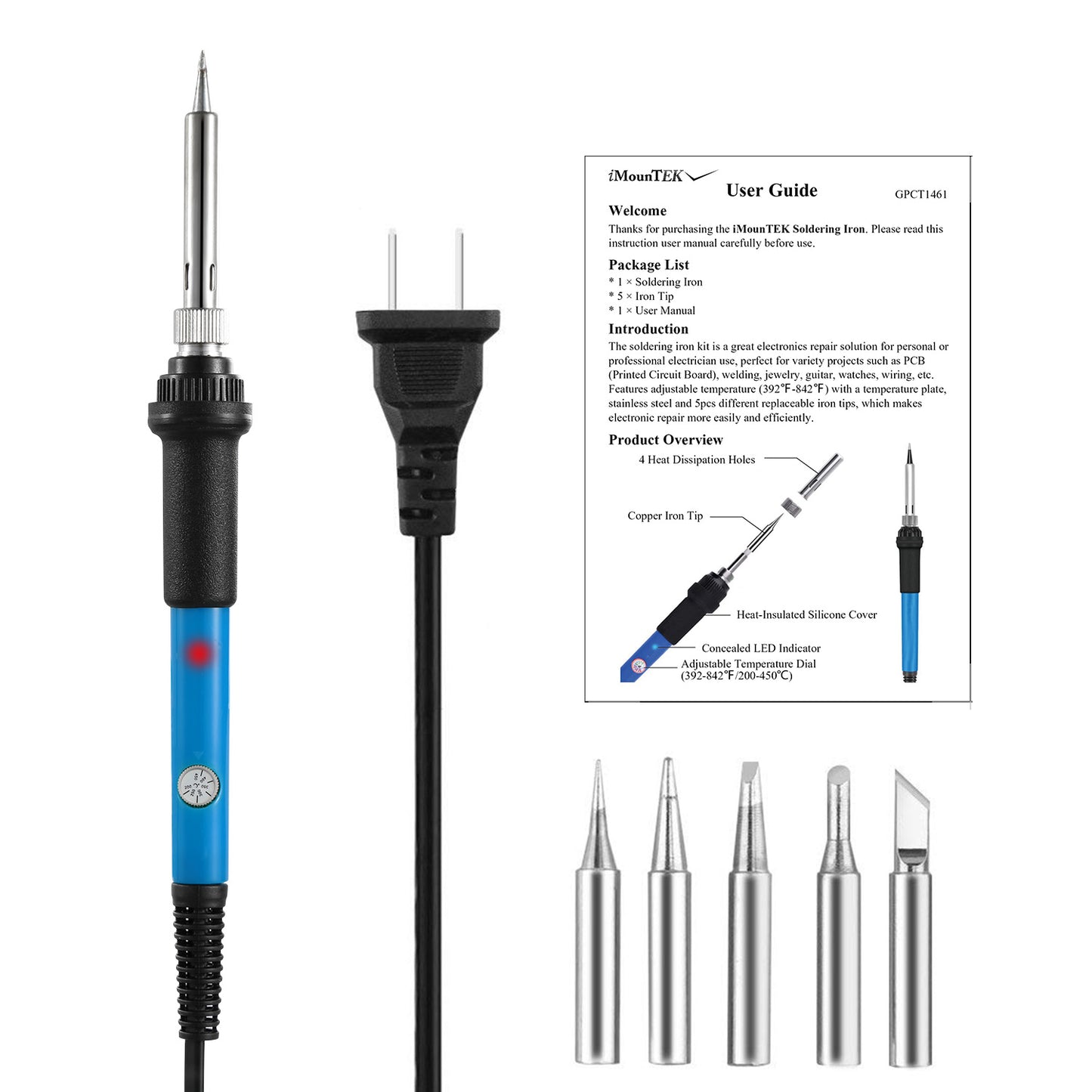 Adjustable Temperature Soldering Iron 60W with 5 Tips