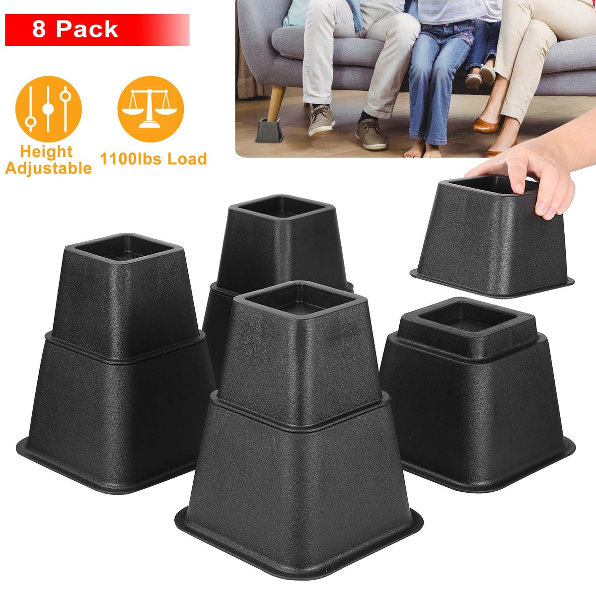 8Pcs Furniture Risers 500kg 1100lbs Capacity Bed Lifters Adjustable Couch Table Chair Risers