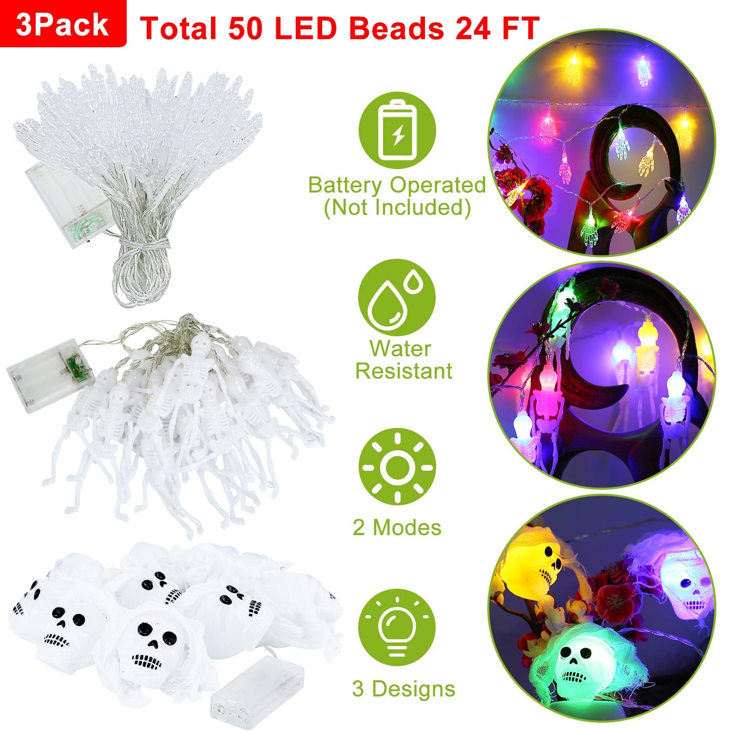 Halloween String Lights Set - 50 LED 24ft 3-Pack Decorations