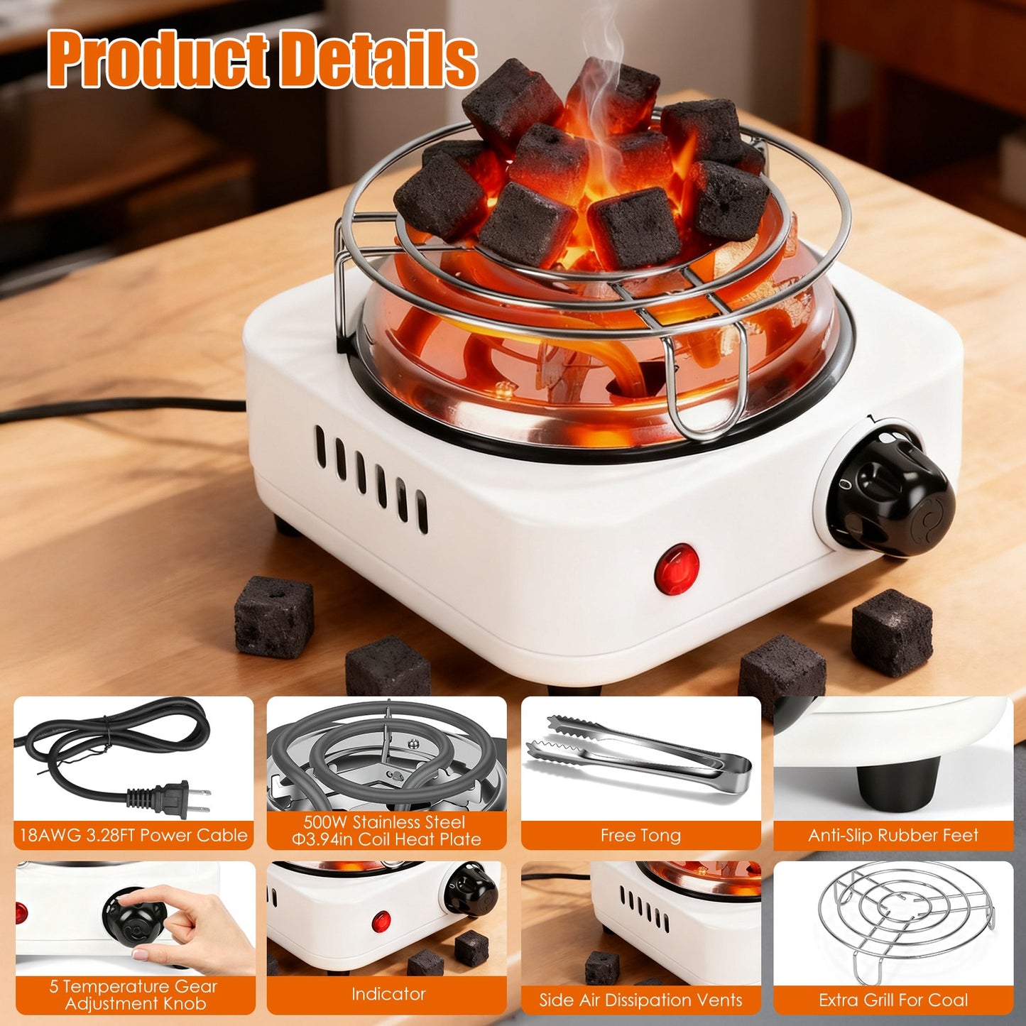 Electric Charcoal Burner 500W with 5 Temperature Settings