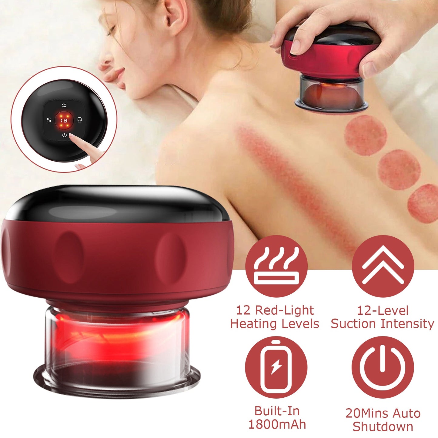 Electric Cupping Therapy Massager Electric Back Scraping Machine Vacuum Therapy Cupping Therapy Device with 12 Levels Temperature and Suction