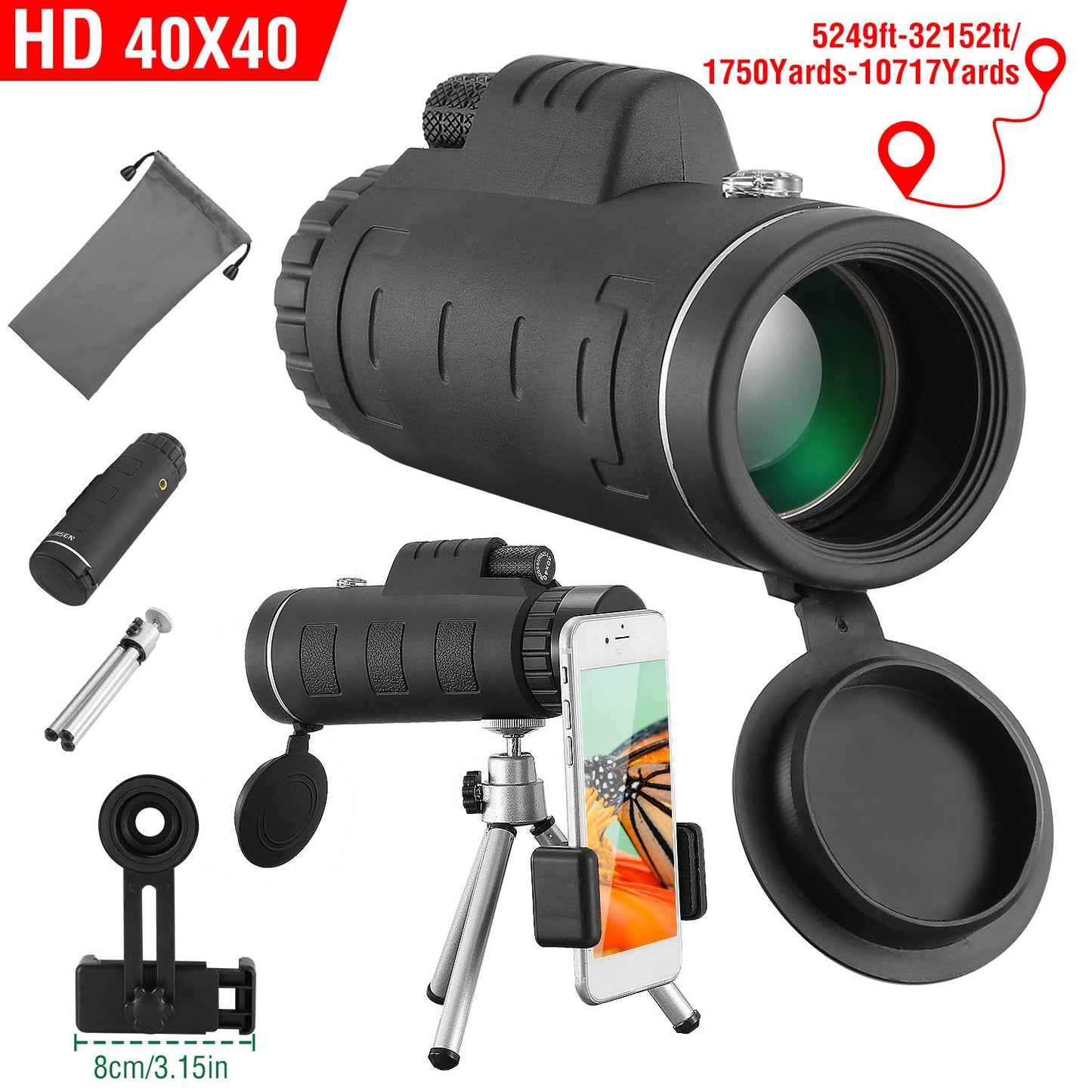 40x40 Monocular Telescope with Phone Adapter and Tripod