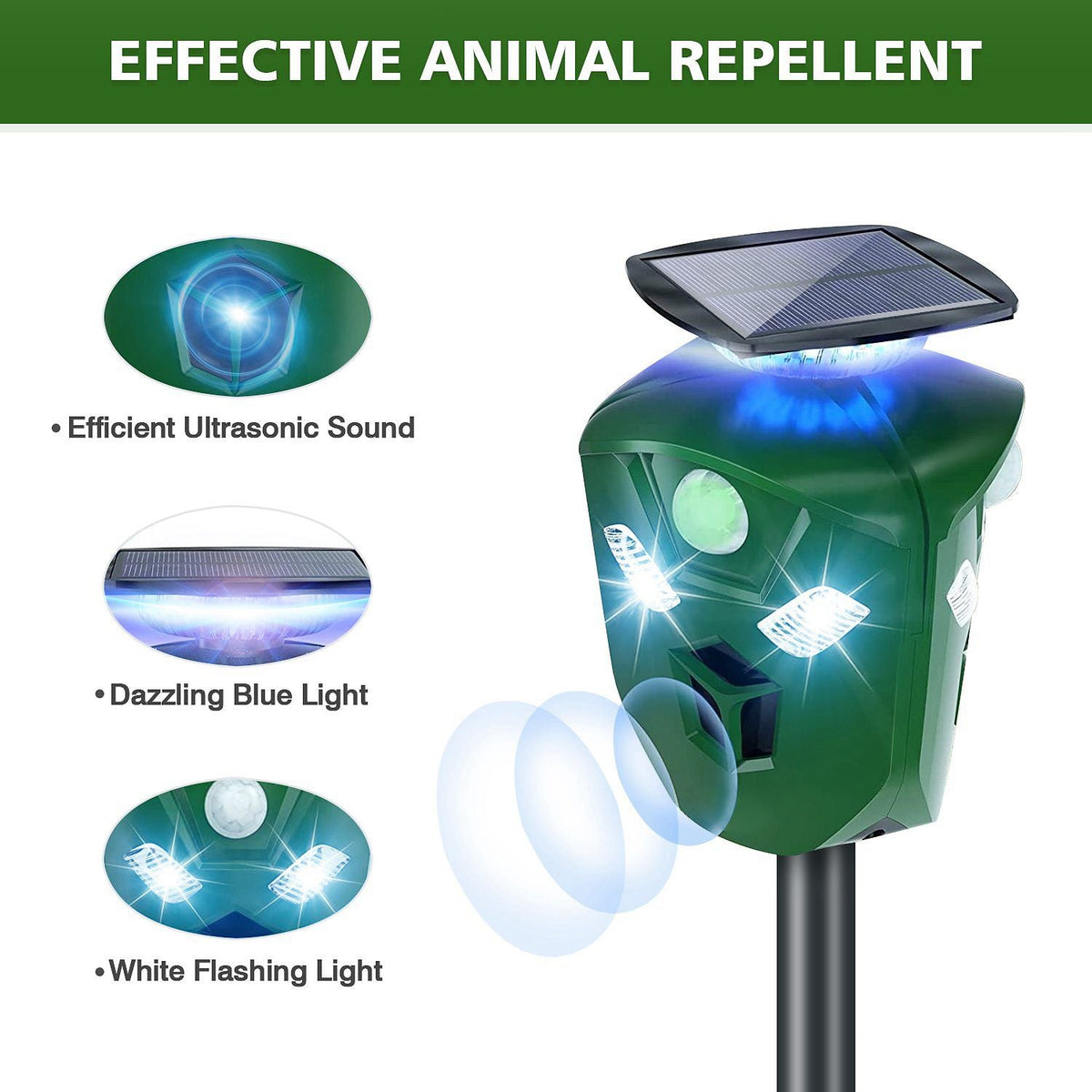 Electric Solar Powered Ultrasonic Animal Repeller 360¡ Ultrasonic Animal Driver with Motion Sensor LED Flashing Lights Waterproof Outdoor Animal Repel