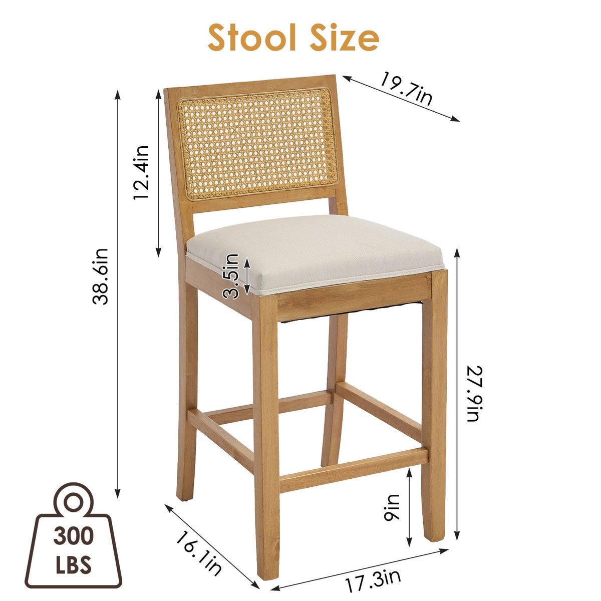 Solid Rubberwood Rattan Back Counter Stools Set of 2