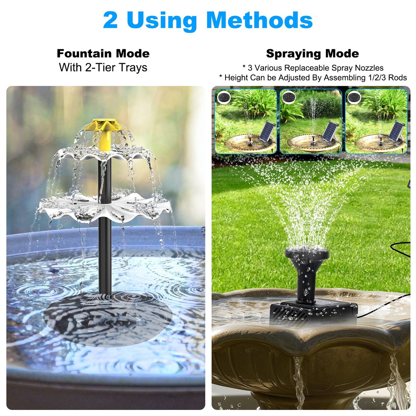 Solar Bird Bath Fountain with LED Lights & Battery Backup