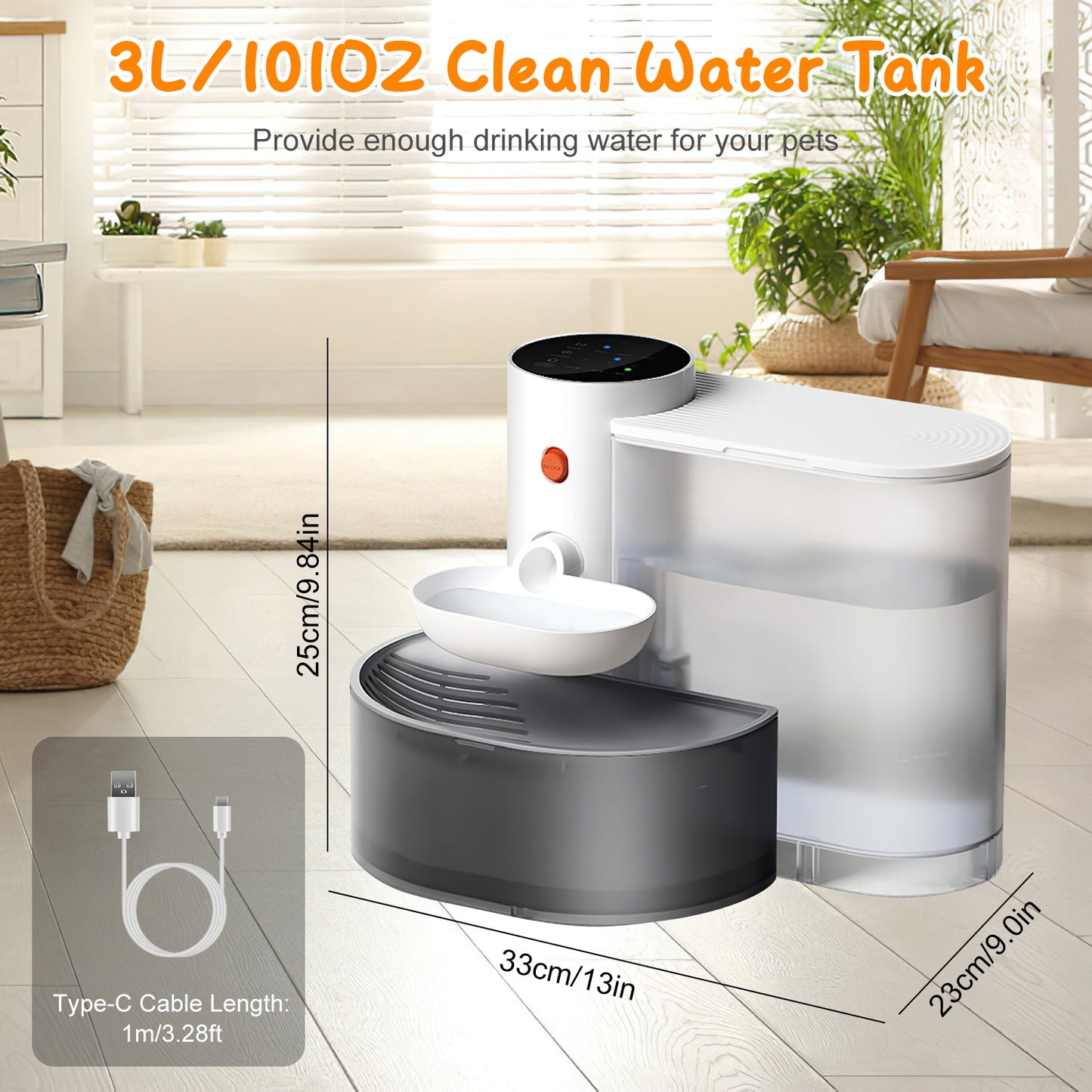 Automatic Pet Water Fountain 3L Cordless Self-Refilling Dispenser