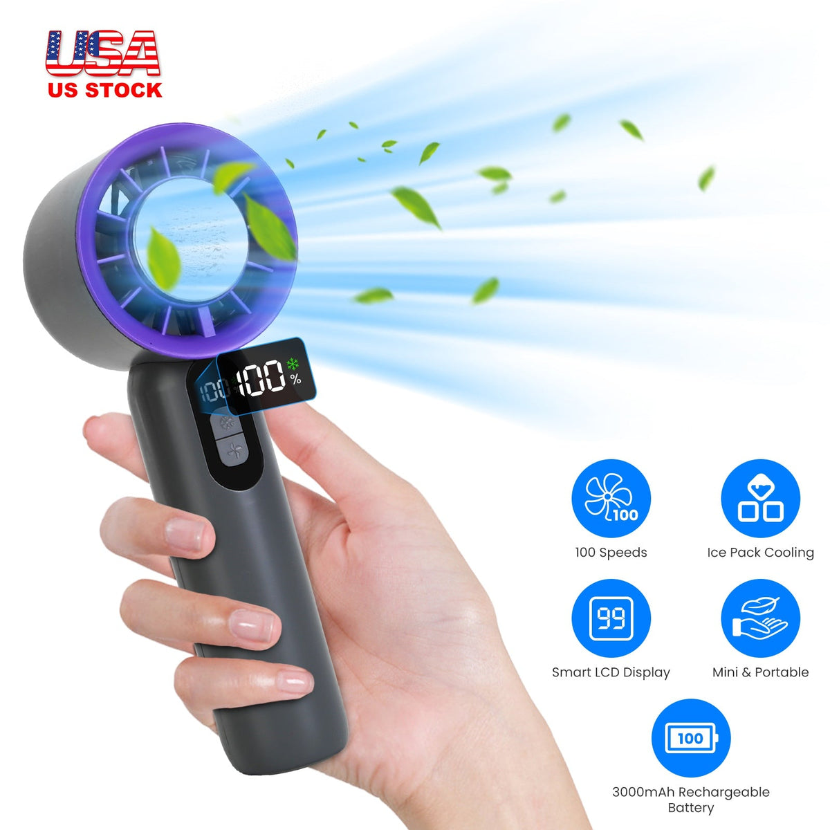 100 Speed Handheld Fan With Ice Cooler High Speed Turbo Fan 3000mAh Rechargeable Hand Fan with LCD Display for Travel Camping Beach Outdoor