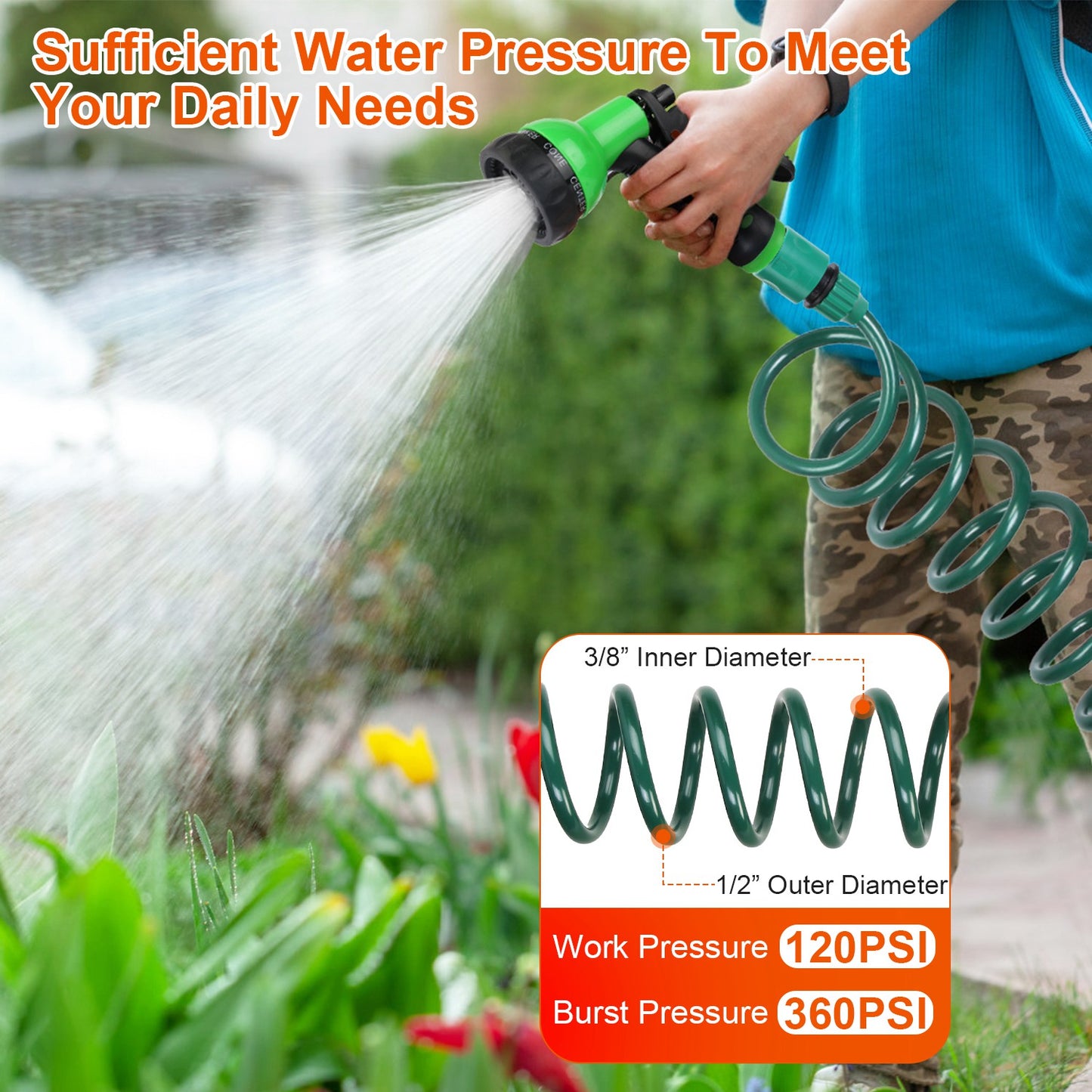 Self-Coiling Garden Hose with 7-Mode Sprayer - 49.2ft