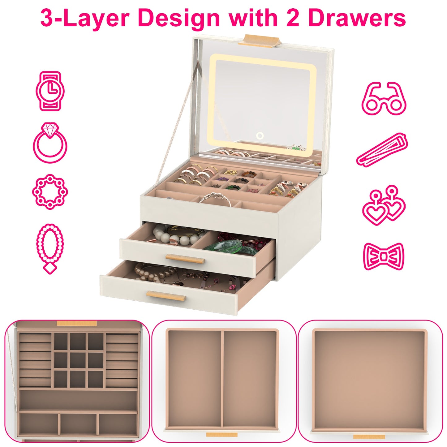 LED Mirror Jewelry Box with 2 Drawers