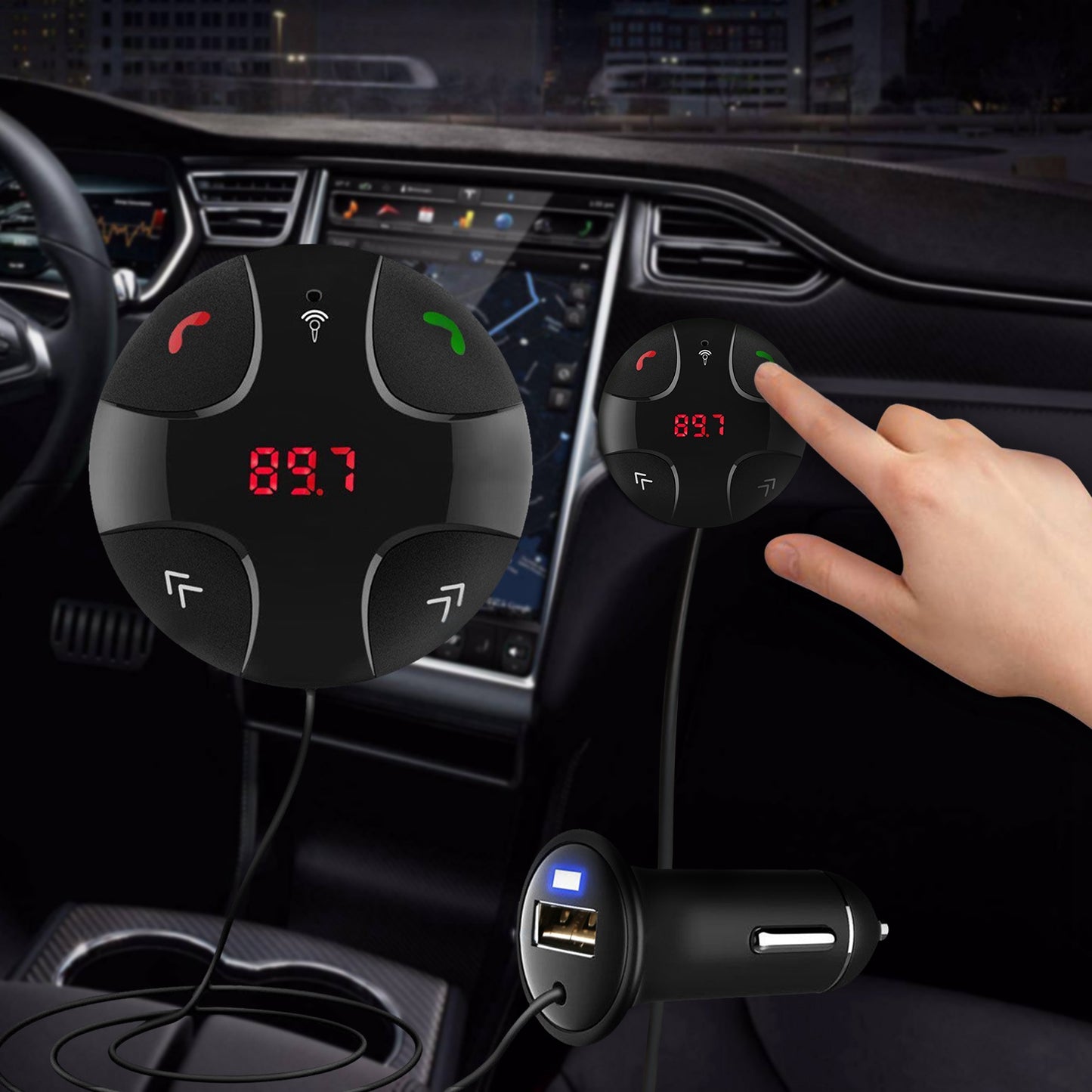 Wireless FM Transmitter with Hands-Free Calling & USB Charging