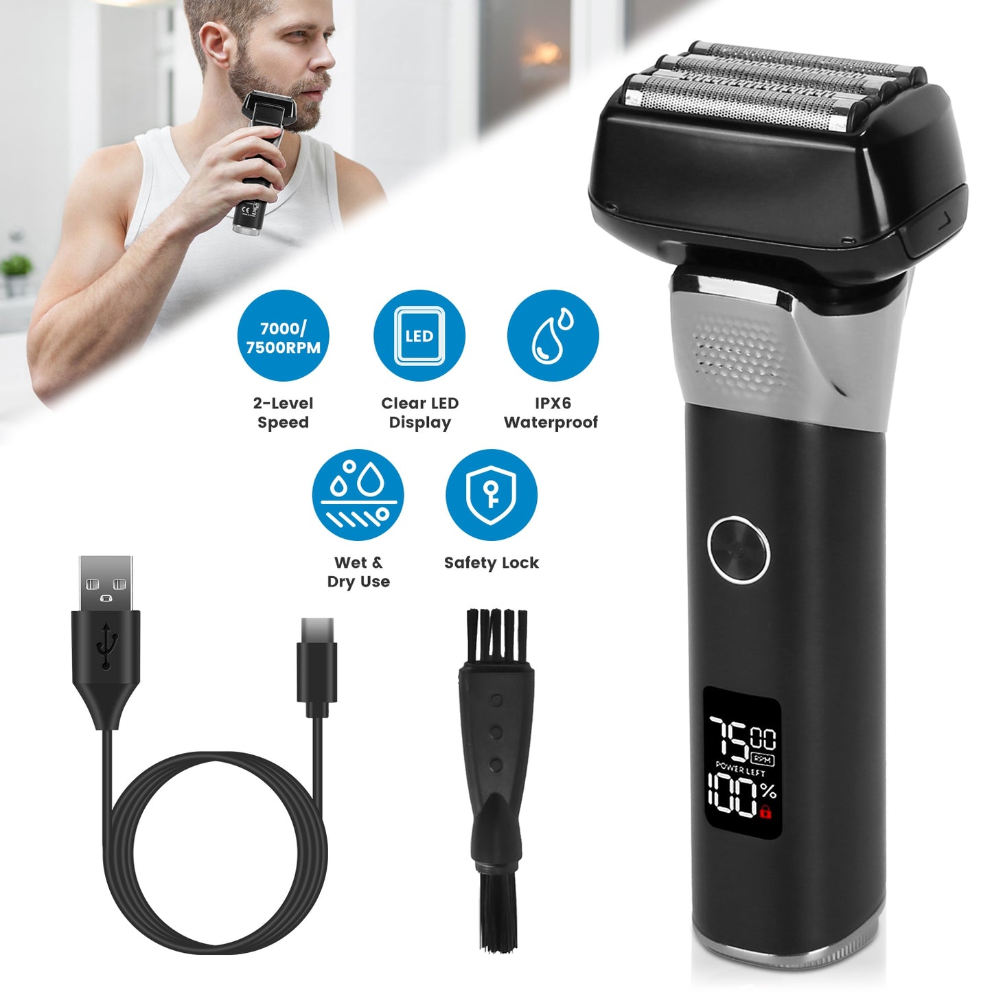 Electric Foil Face Shaver 5-Blade Electric Razor for Men Wet & Dry Jawline Beard Trimmer Precision Sideburn Shavers IPX6 Waterproof with LED Display C