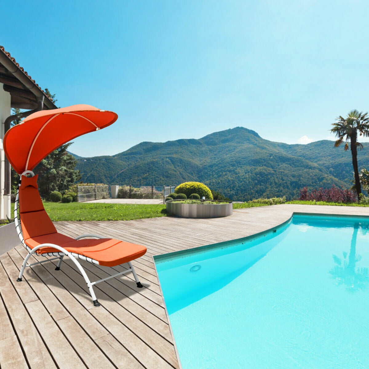 Hanging Chaise Lounge Chair with Canopy and Cushion