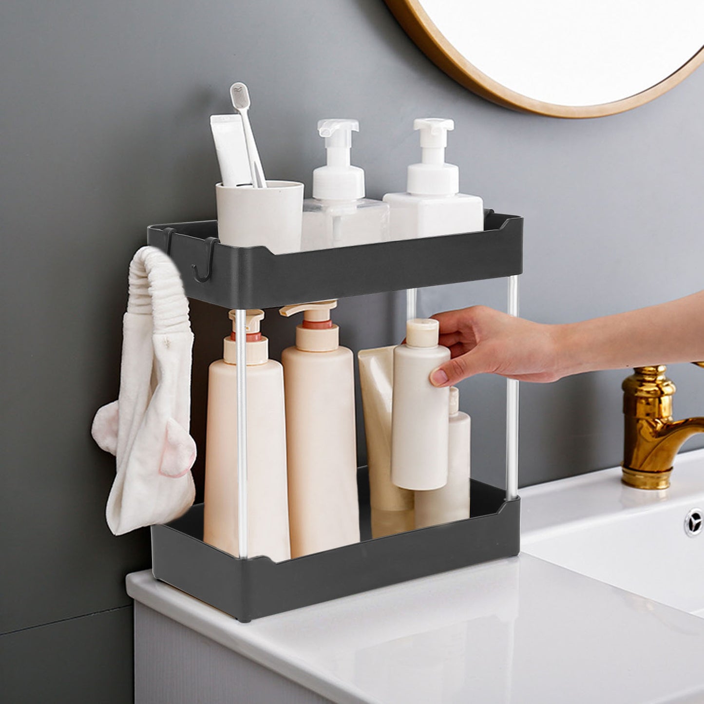 2-Tier Under Sink Organizer with 4 Hooks