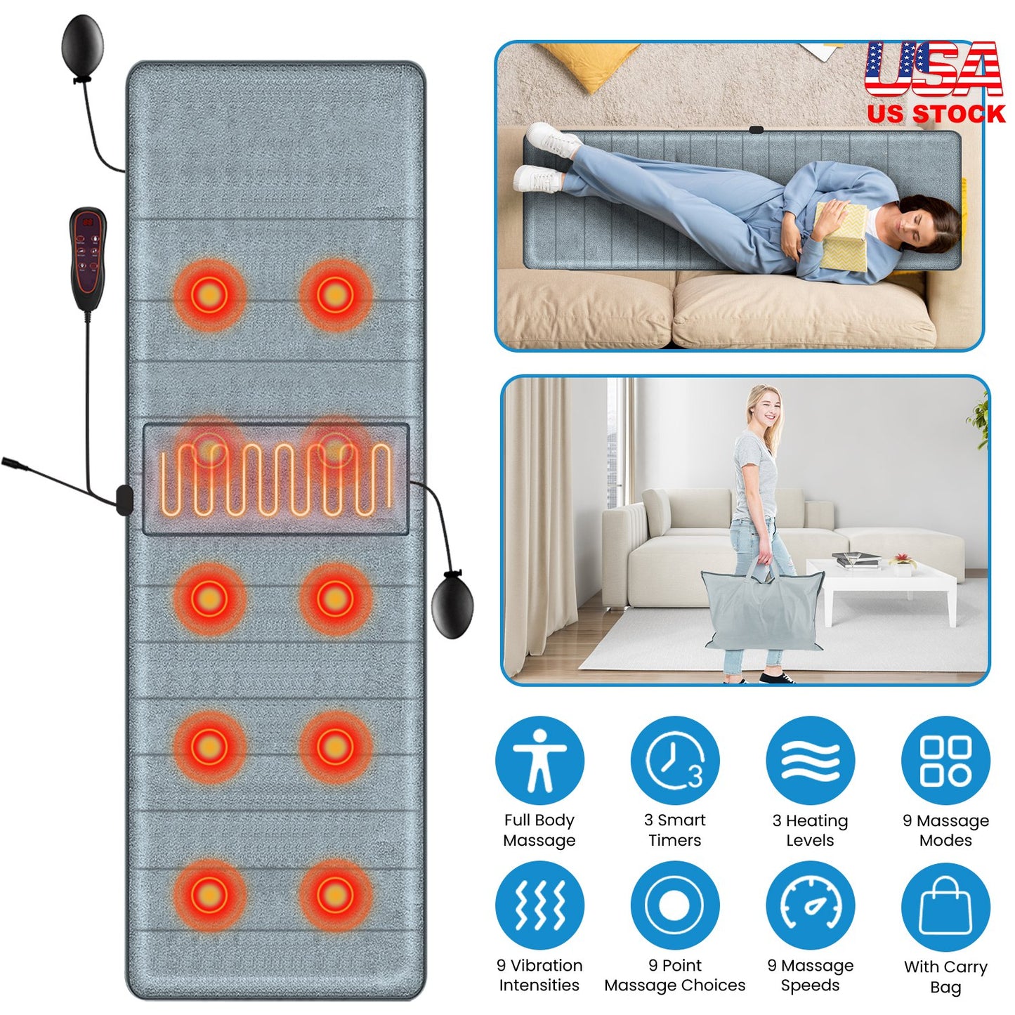 Full Body Electric Massage Mat with Heat Vibration Massage Pad Cushion Back Massage Mattress Chair Pad with Inflatable Head Pillow Lumbar Pillow with