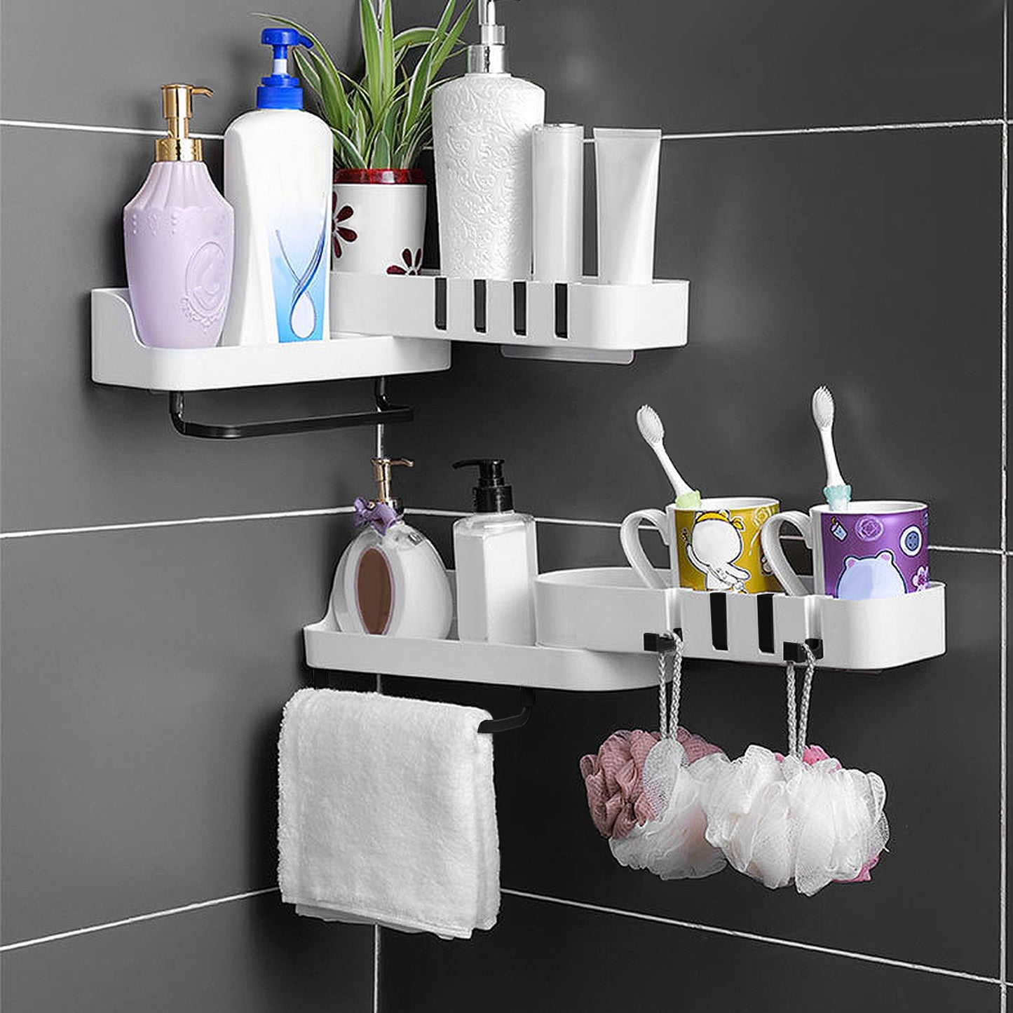 Rotatable Bathroom Corner Caddy Shelf with Towel Bar