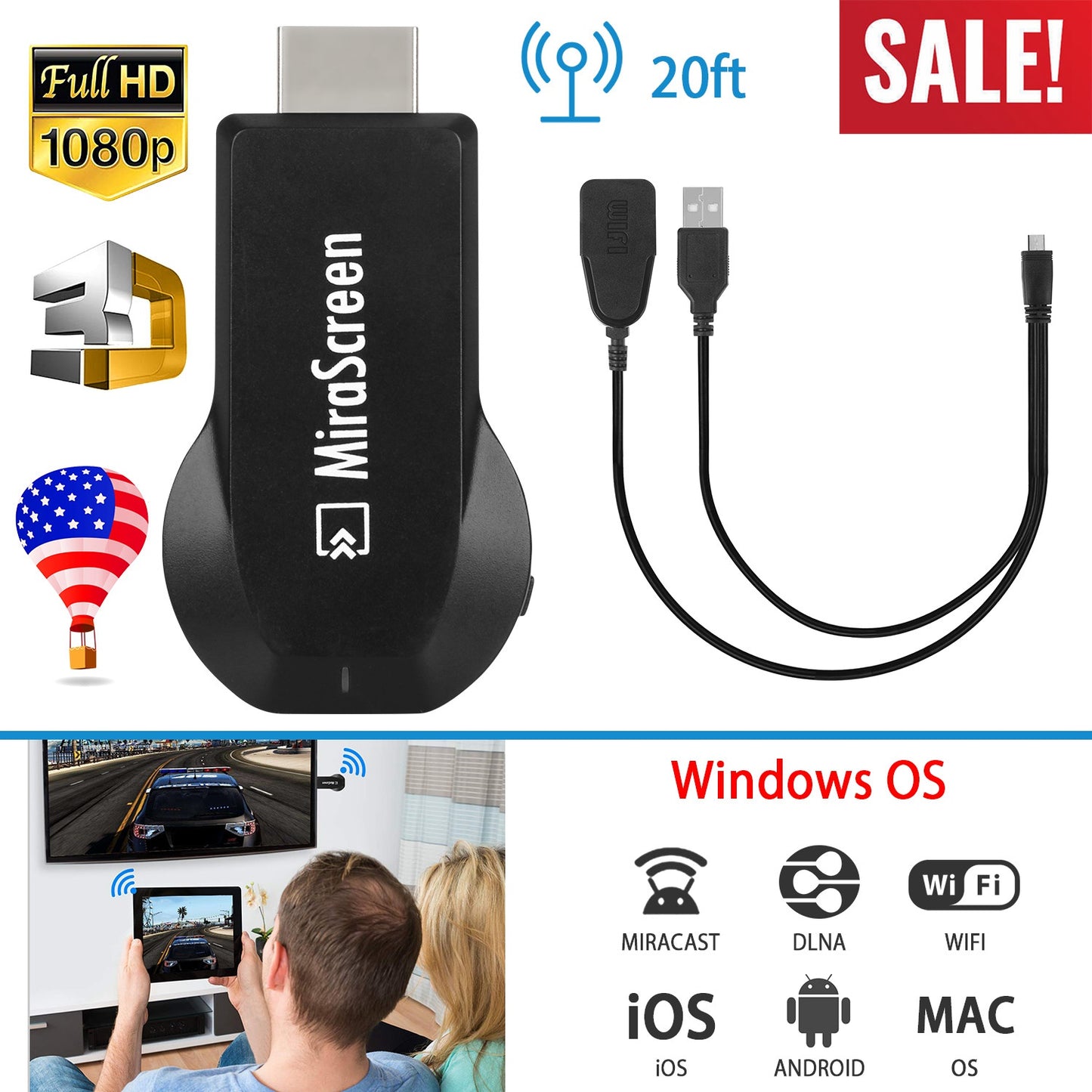 Wireless Display Adapter 1080P HDMI Miracast Dongle