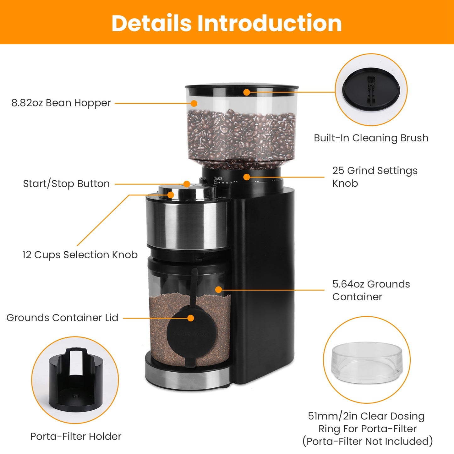 Electric Burr Coffee Grinder with 25 Grind Settings