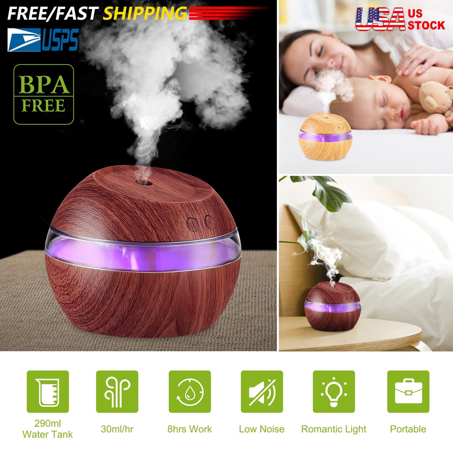 Ultrasonic Aroma Essential Oil Diffuser Wood Grain