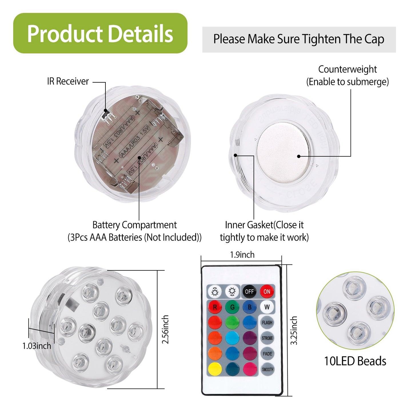 Submersible RGB LED Lights with Remote - 4 Pack Waterproof