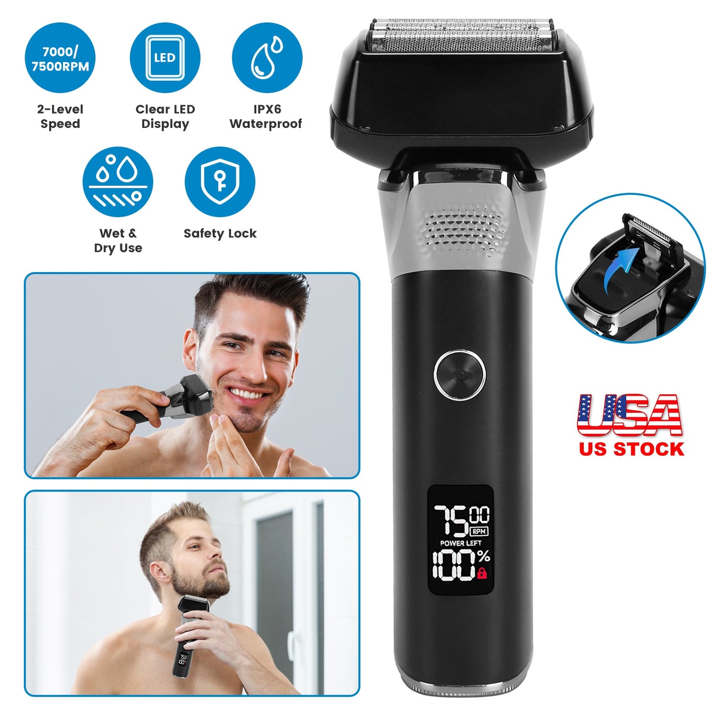 Electric Foil Face Shaver 5-Blade Electric Razor for Men Wet & Dry Jawline Beard Trimmer Precision Sideburn Shavers IPX6 Waterproof with LED Display C