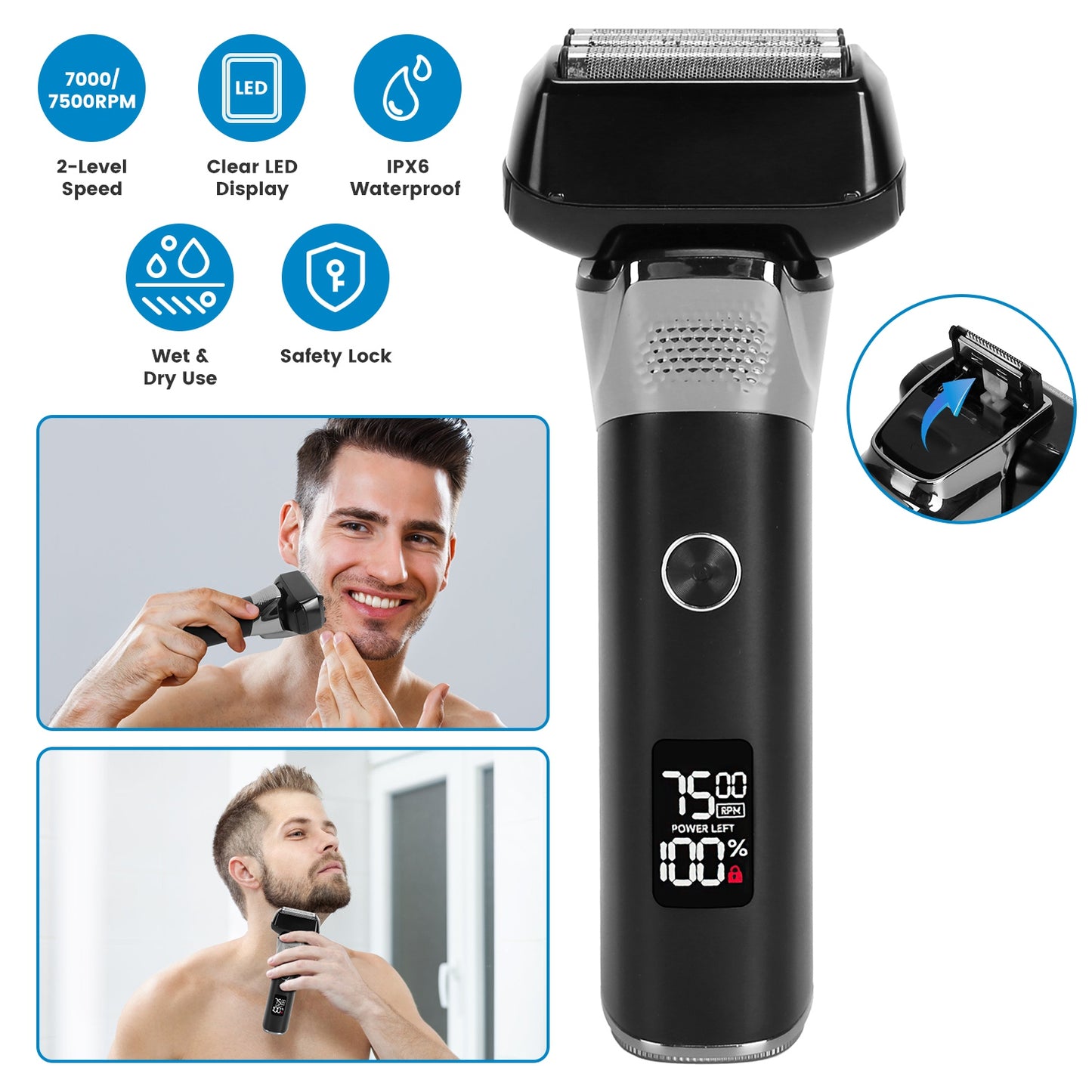 Electric Foil Face Shaver 5-Blade Electric Razor for Men Wet & Dry Jawline Beard Trimmer Precision Sideburn Shavers IPX6 Waterproof with LED Display C