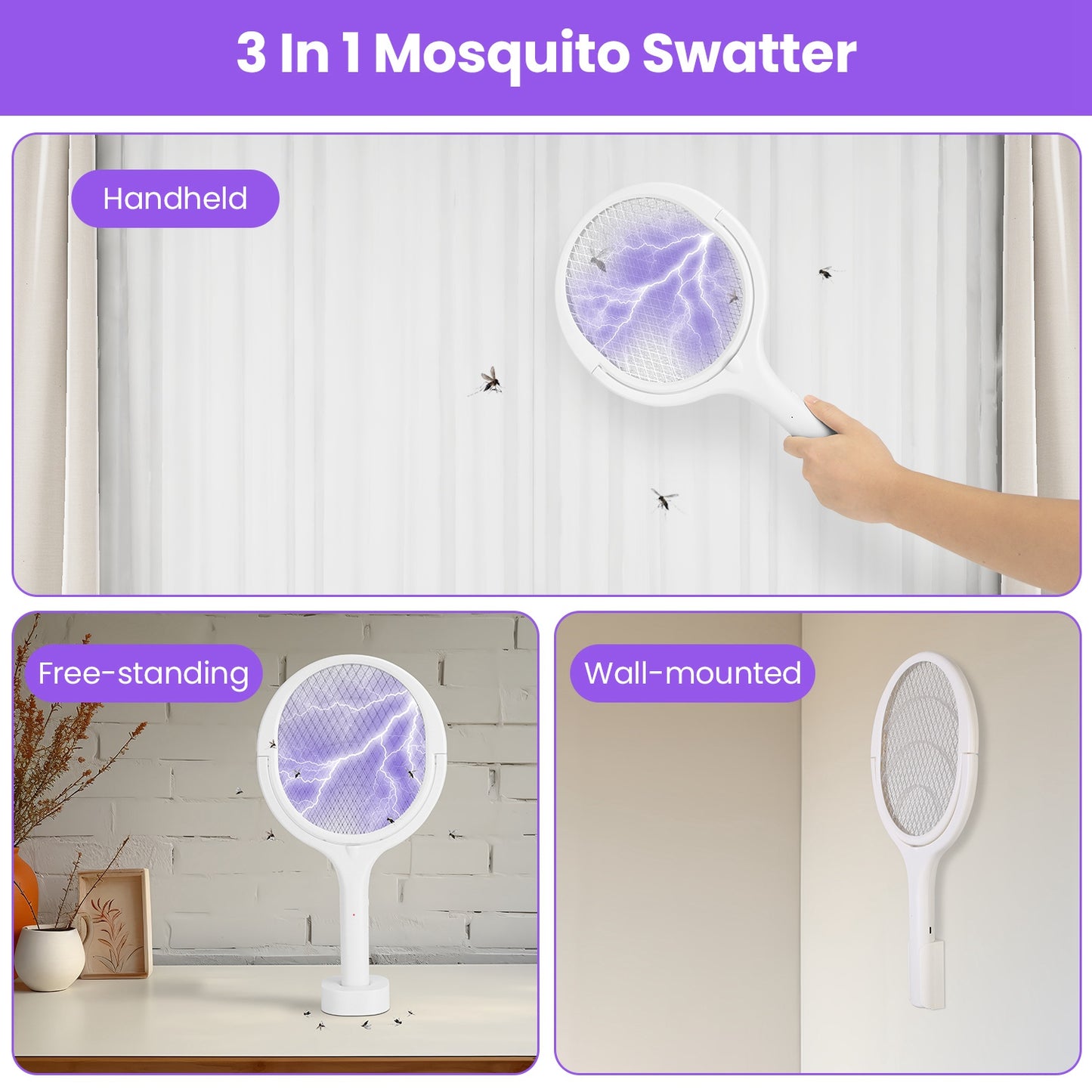 Electric Bug Zapper Racket with 90° Rotating Head & Extension