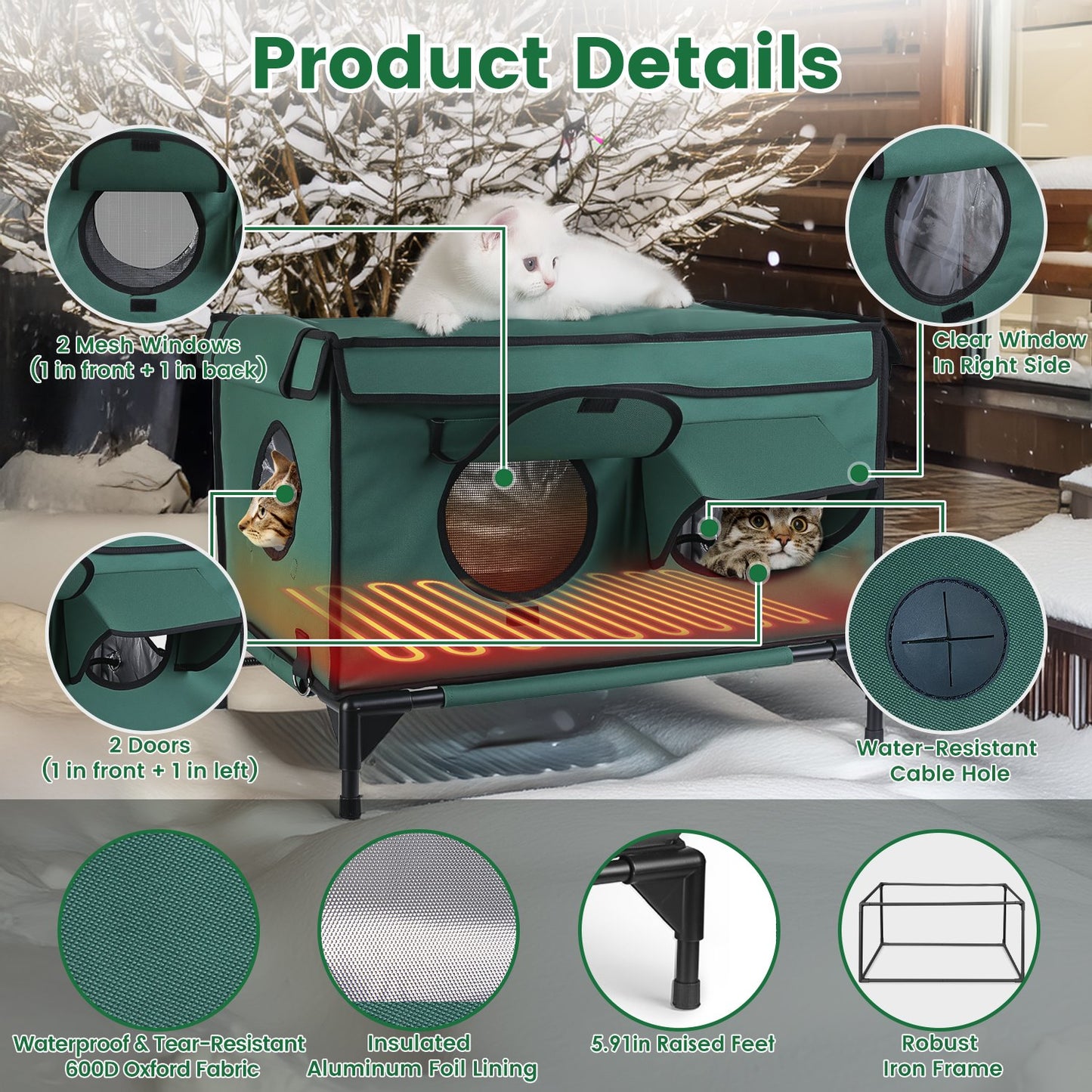 Heated Cat House Outdoor Waterproof Insulated Shelter