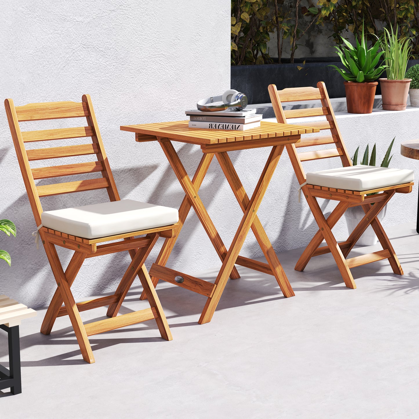 Folding Patio Conversation Set with Cushions - 3 Piece