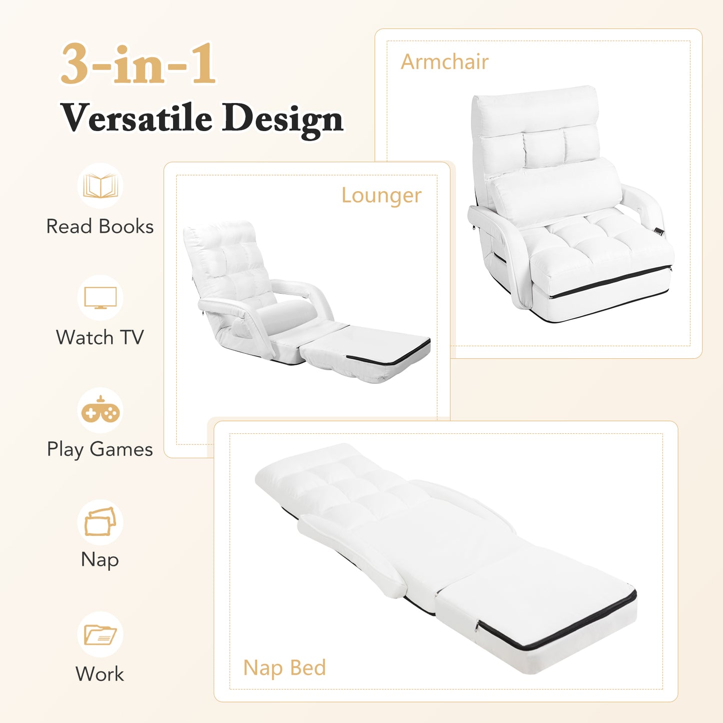 Folding Floor Chair with 6 Adjustable Positions and Armrests