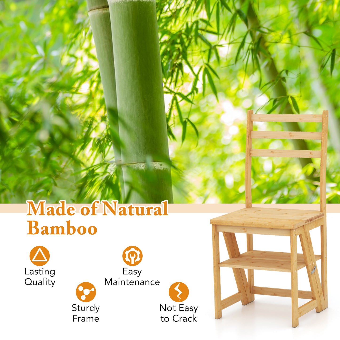 3-in-1 Bamboo Folding Ladder Chair with Plant Stand