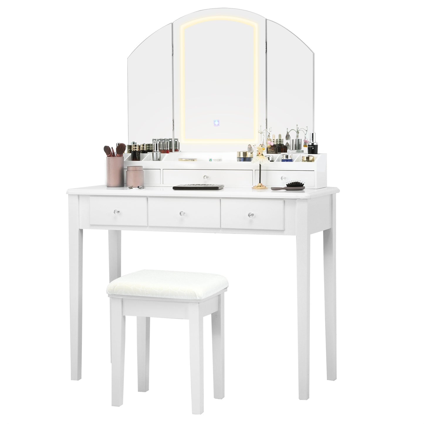 Tri-Fold Lighted Makeup Vanity Table with Stool Set