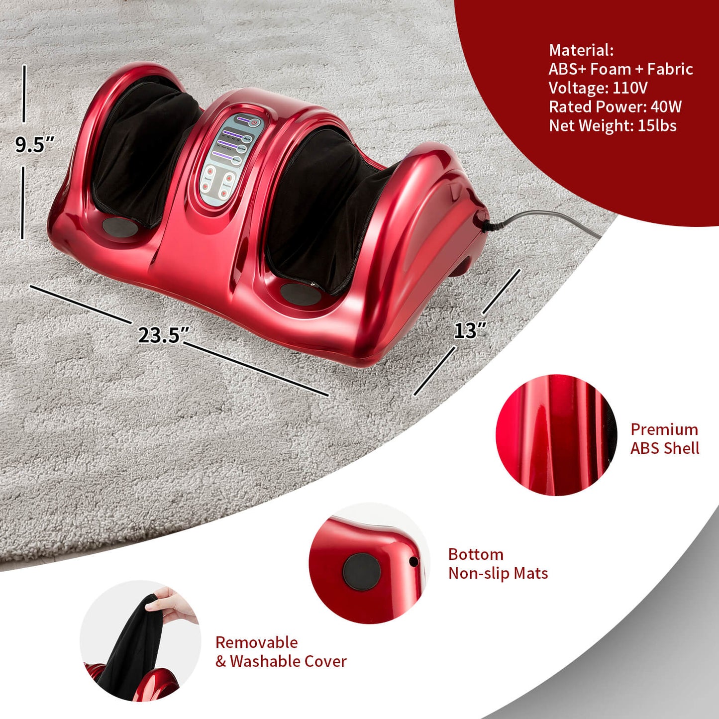 Therapeutic Shiatsu Foot Massager with High Intensity Rollers-Red