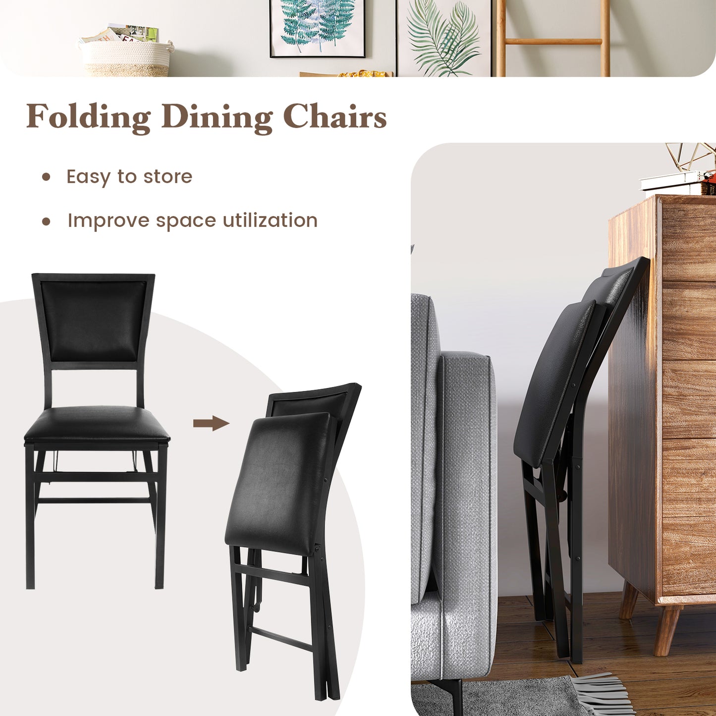 Metal Folding Dining Chairs Set of 2 with PU Leather Seats