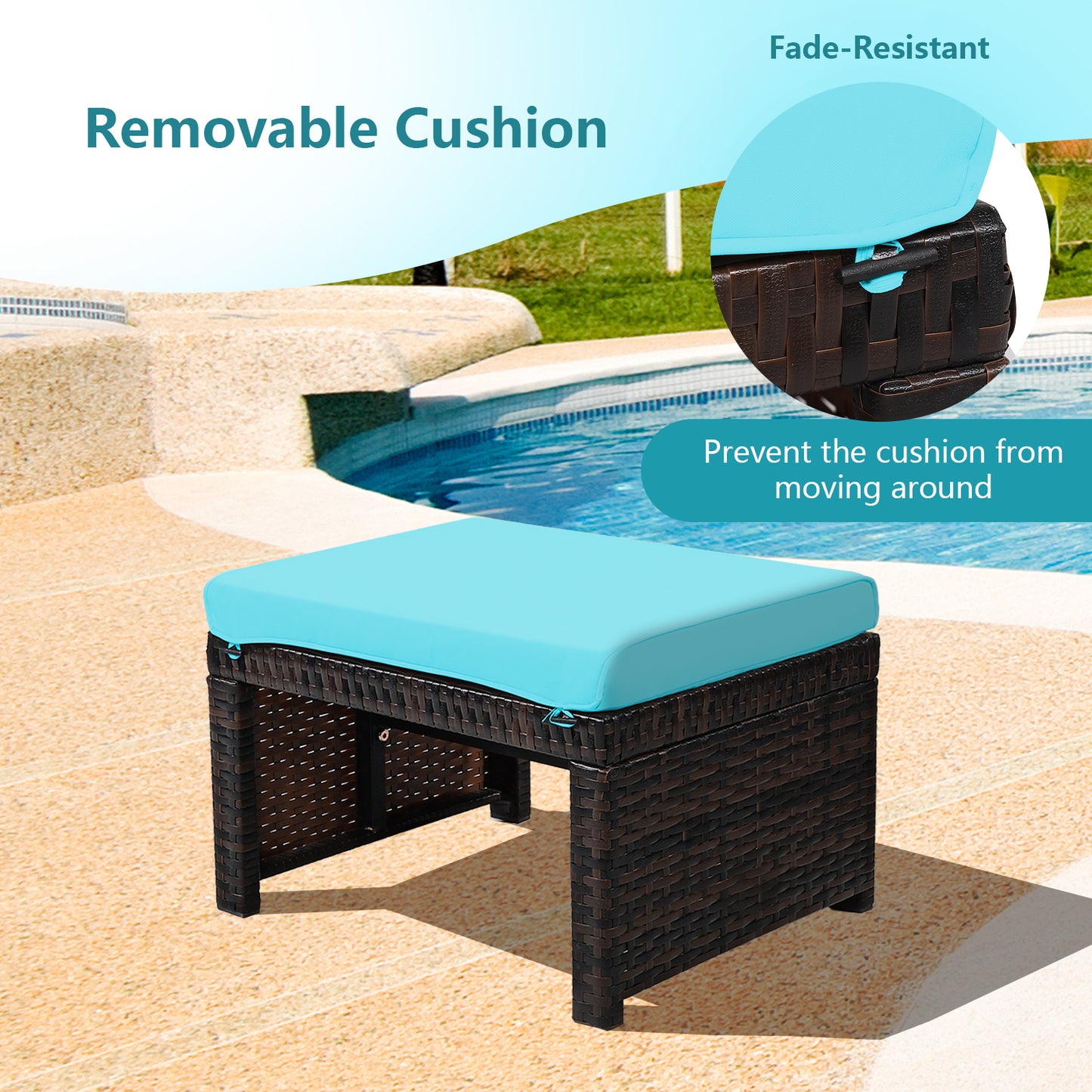 Patio Rattan Ottomans Set of 2 with Soft Cushions