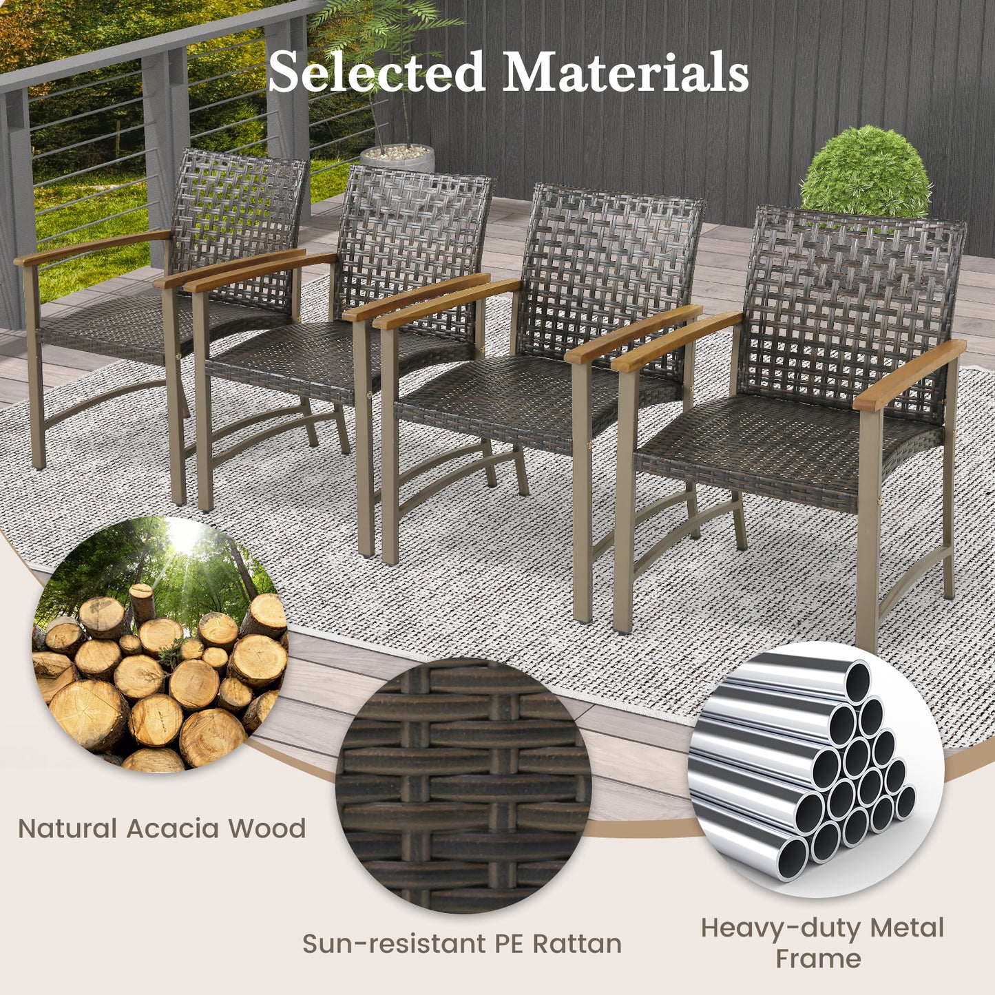 Patio Rattan Dining Chairs with Acacia Wood Armrests, Set of 4