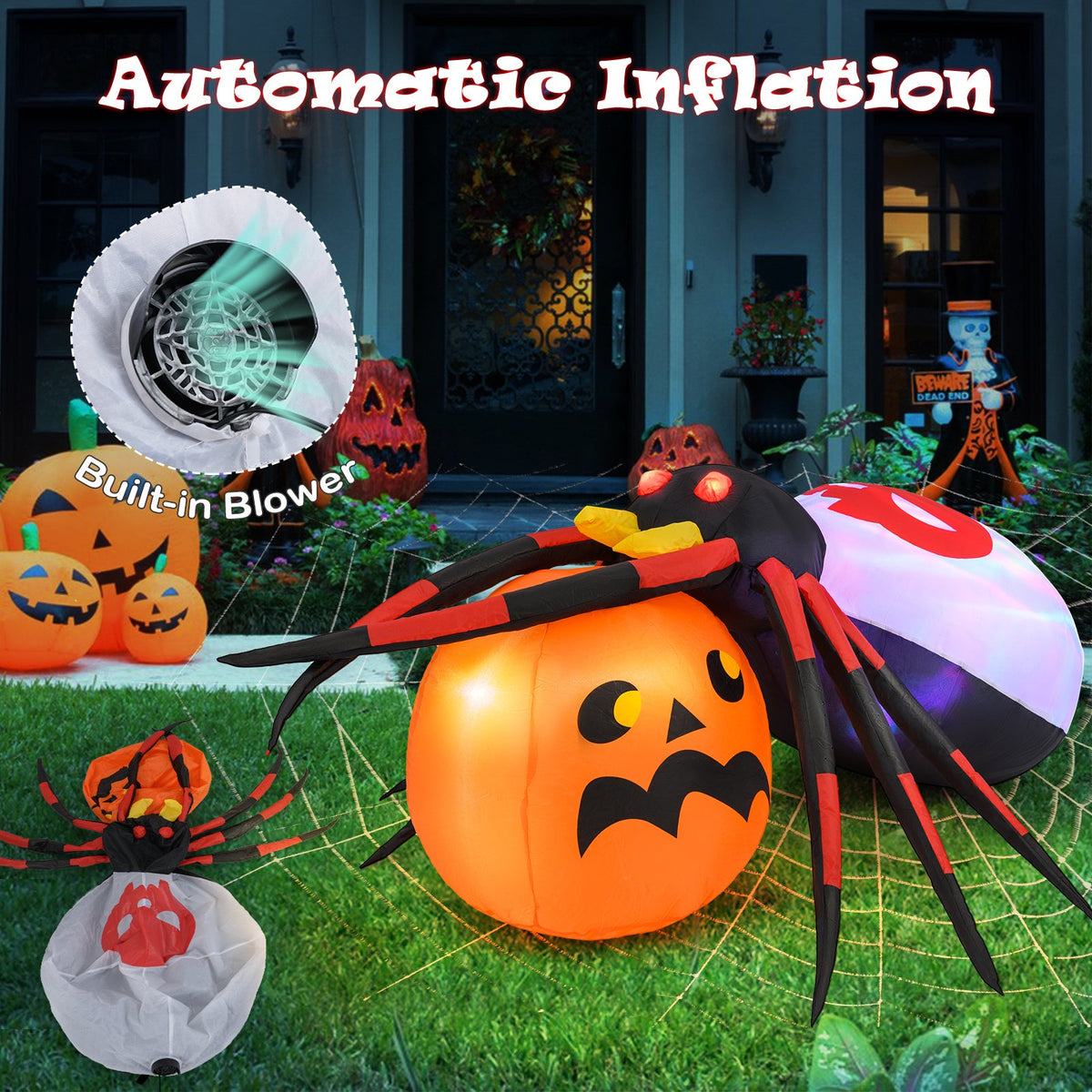 4.9 x 4.6 Feet Inflatable Spider with Pumpkin and Rotating Light