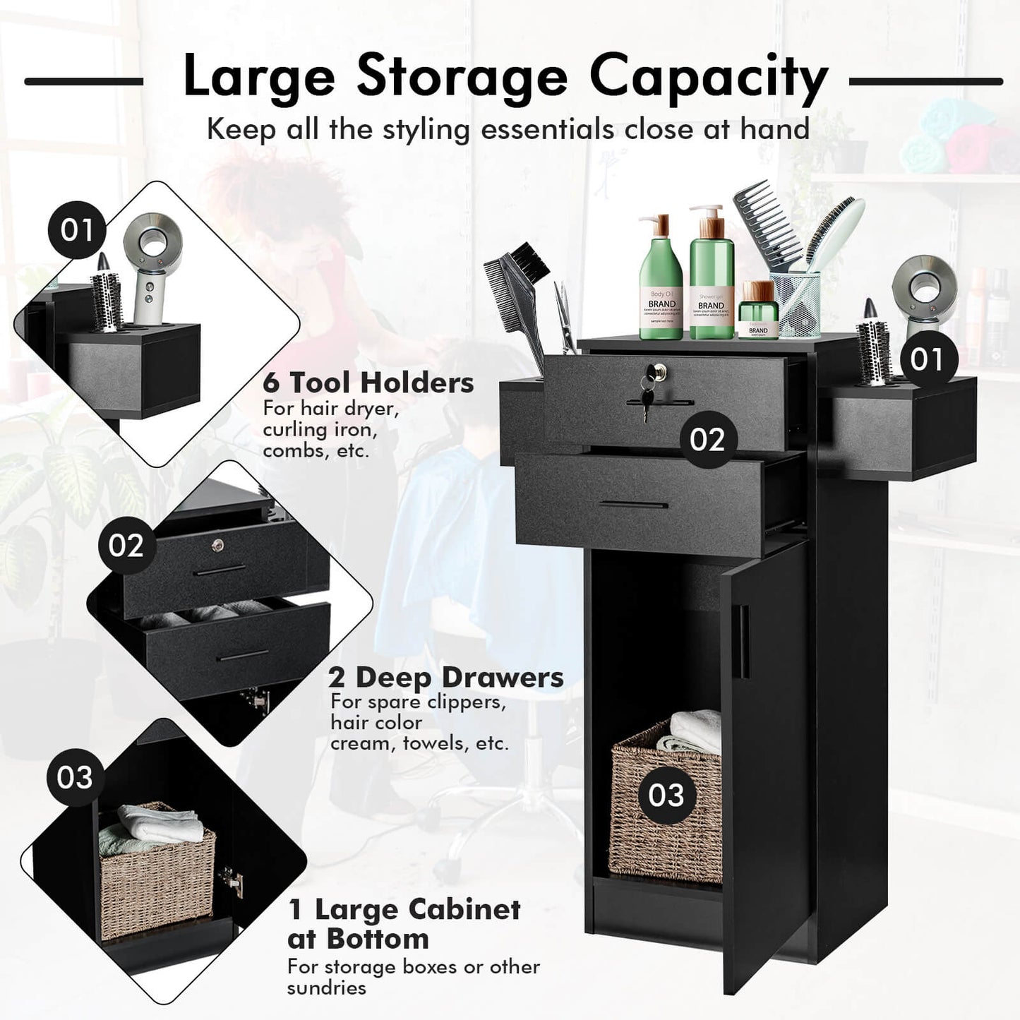 Salon Station Storage Cabinet with 6 Hair Dryer Holders